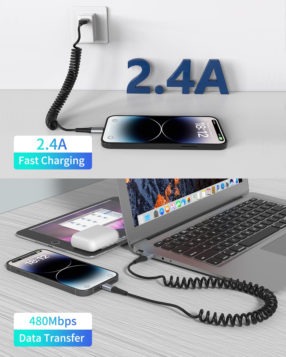 PEAKLIFT 2-Pack Coiled Lightning Cable for iPhone - Apple CarPlay Compatible, Retractable Short Charging Cable for iPhone 14/13/12/11 Pro Max/10/8 Plus/XR/SE & AirPods - Perfect for Car, Office & Travel Use