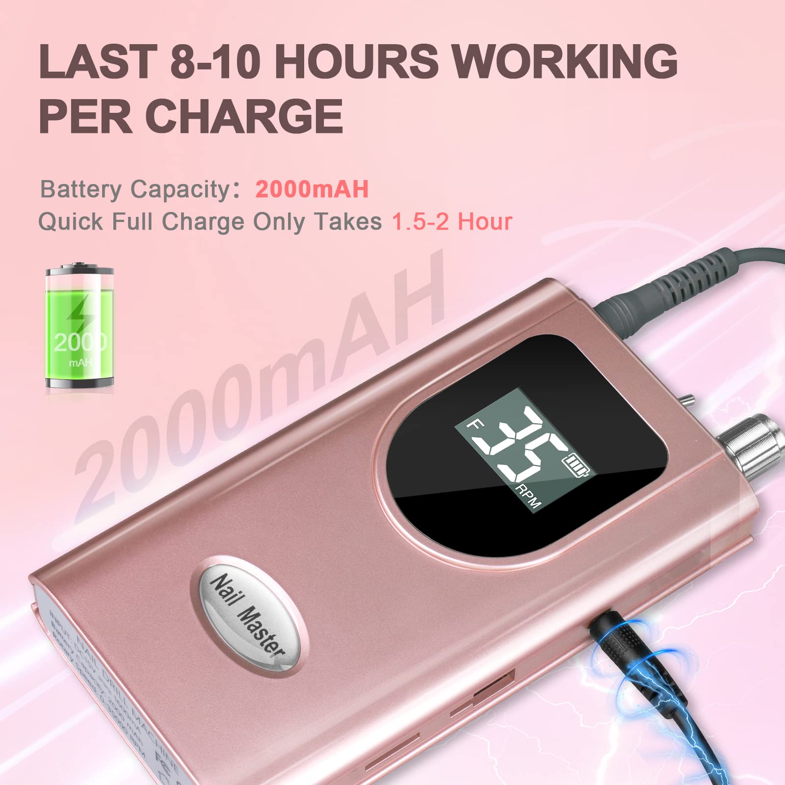 HoMove 35000RPM Professional Cordless Nail Drill Machine - Rechargeable Electric Efile for Acrylic & Gel Nails | Portable Manicure/Pedicure Tool | Salon & Home Use (Rose Gold)
