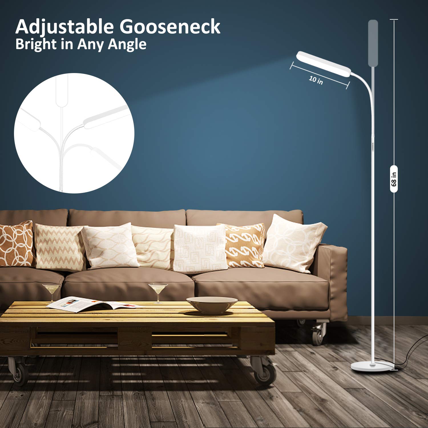 15W 1000LM Bright LED Floor Lamp with 4 Color Temperatures & Stepless Dimmer - Remote & Touch Control Adjustable Gooseneck Reading Light for Living Room, Bedroom, Office and Study