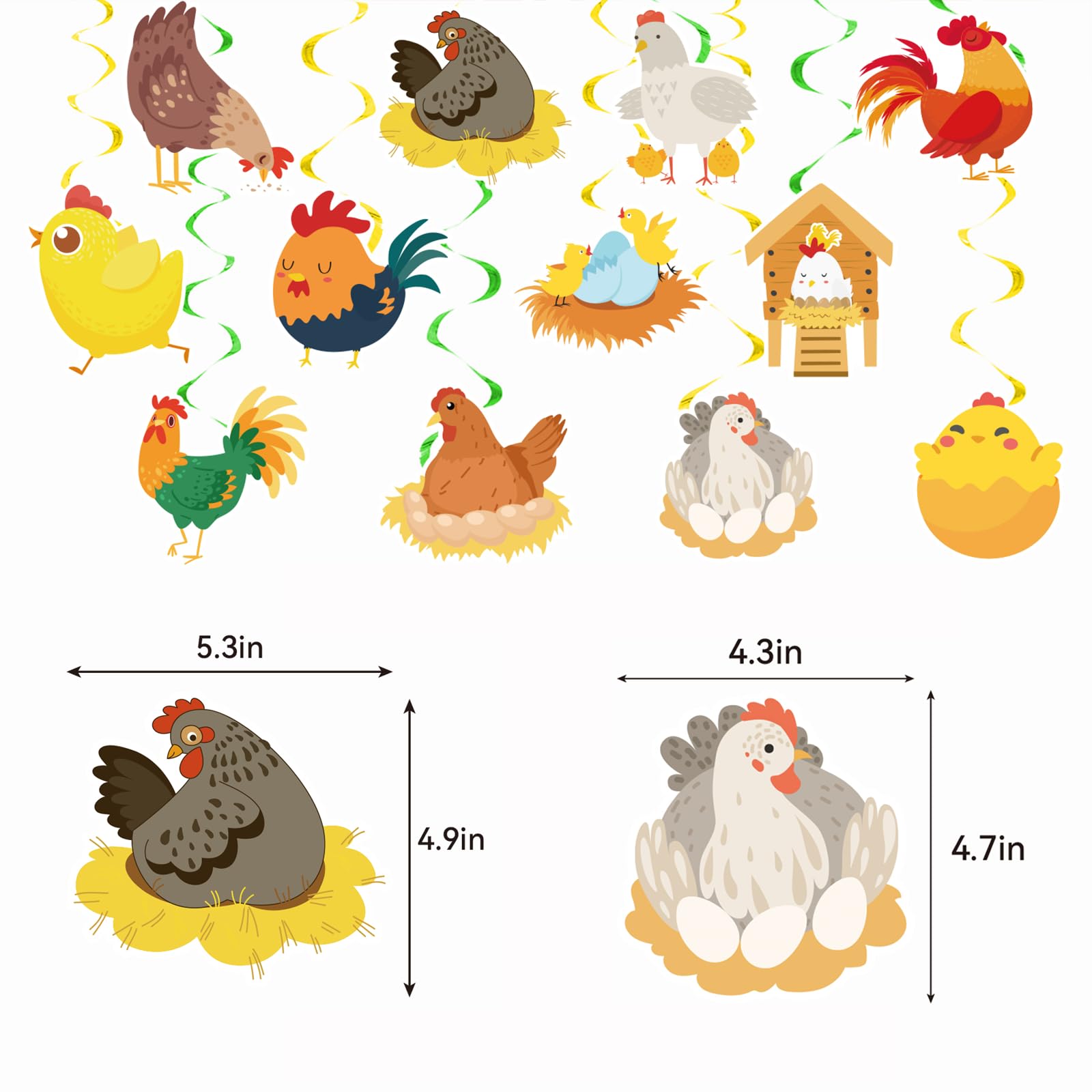 24 Pcs Chicken Hanging Swirls - Farm Animal Ceiling Decorations for Chicken Themed Birthday Parties, Baby Showers & Farmhouse Decor - Perfect for Poultry Lover Gifts & Country Style Home Decor