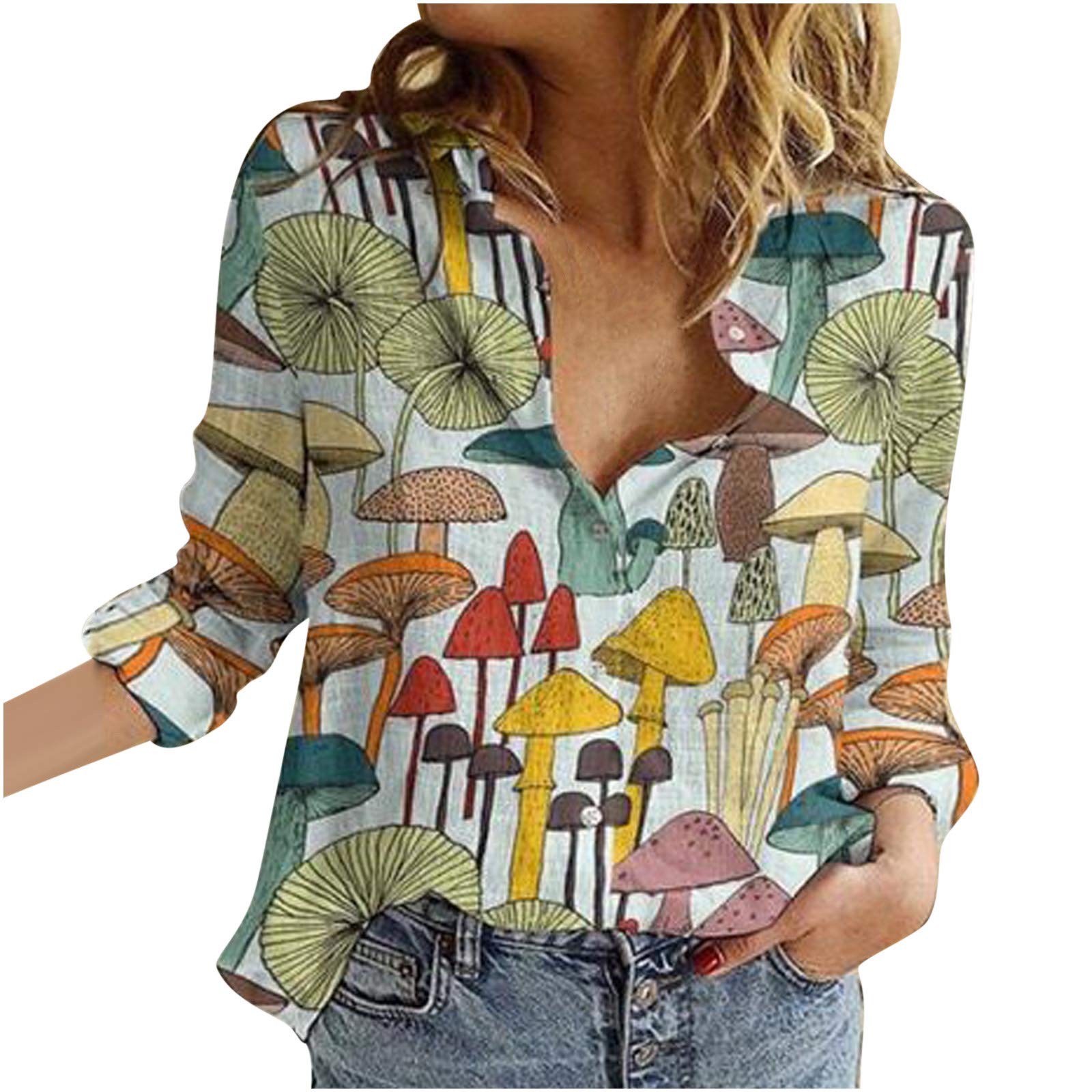 Women's Summer Fashion Tops - Turndown Collar Long Sleeve Printed Button Blouse | Casual Trendy Shirt Tee for Work, Date & Vacation | Breathable Comfortable Daily Wear