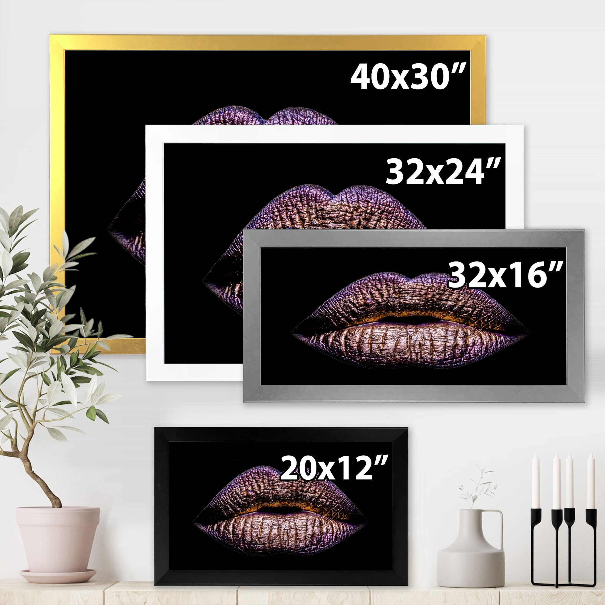 Golden Metallic Lips Wall Art - Modern Framed Female Lips Decor for Living Room, Bedroom & Office - Elegant Home Decor Gift Idea
