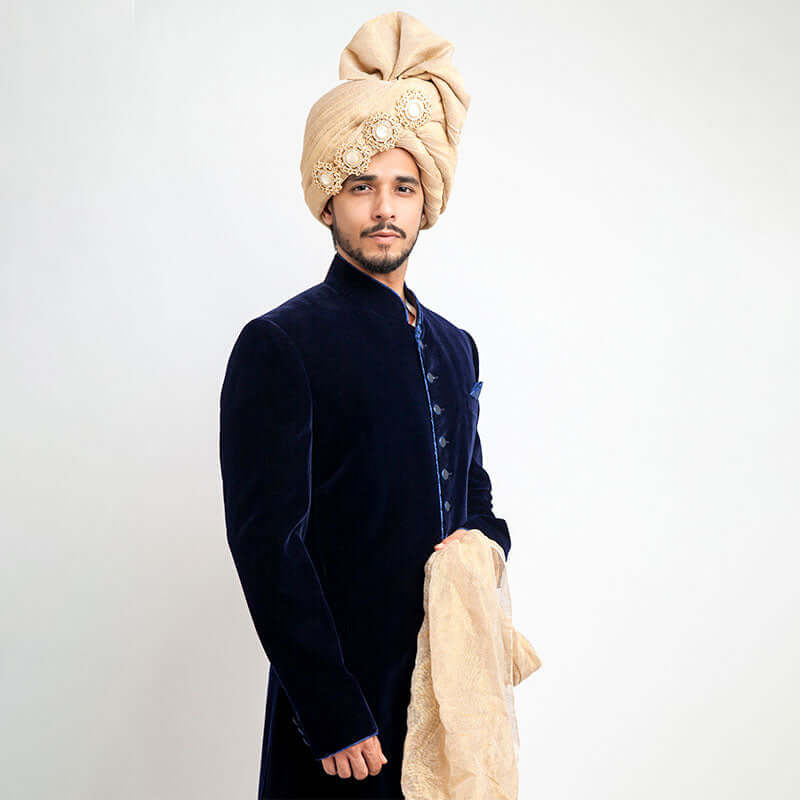 Jet Black Velvet Sherwani for Men - Slim Fit Indian Wedding Suit - Perfect for Cocktail Parties, Groom Wear & Special Occasions