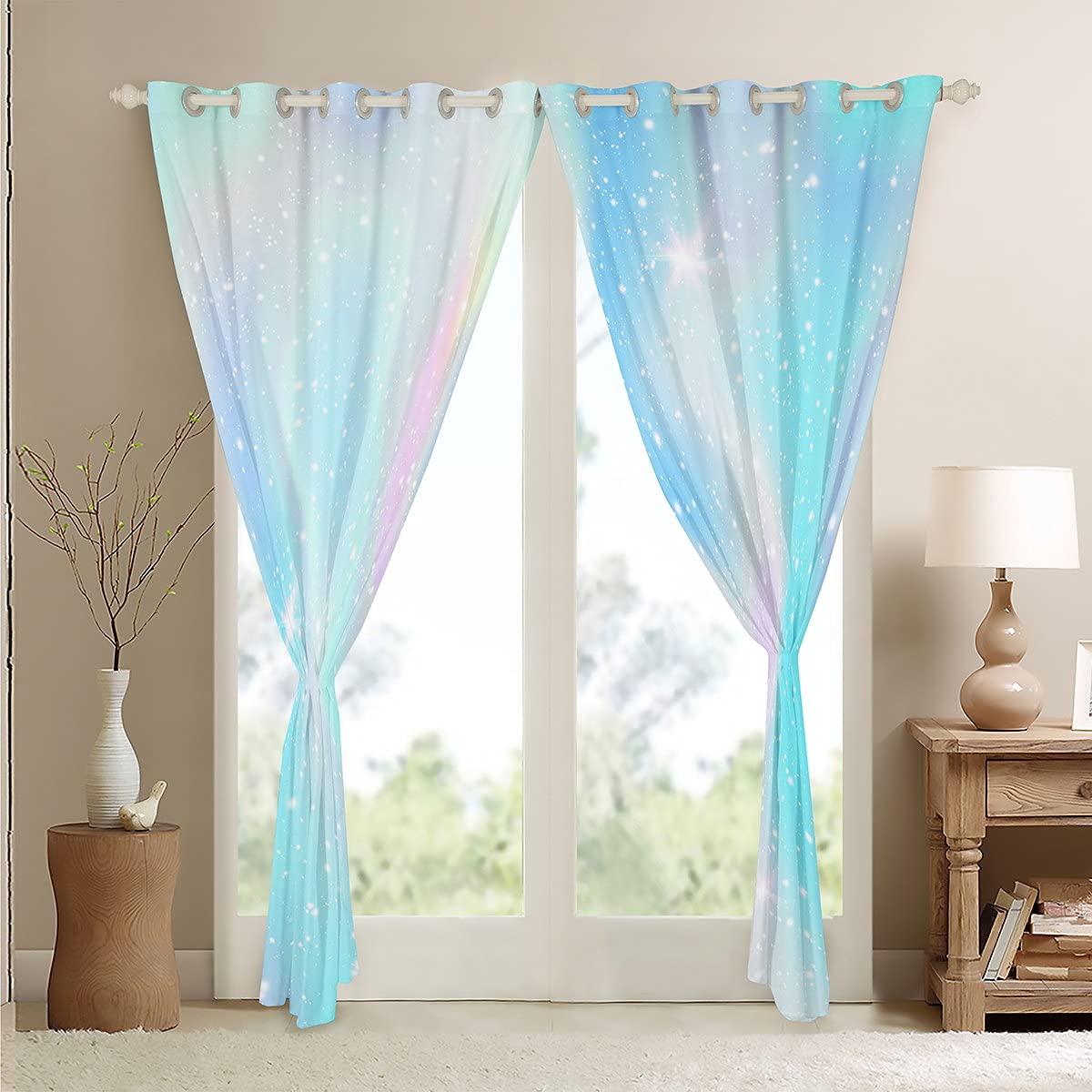 Rainbow Ombre Pastel Tie Dye Window Curtains - 2 Panels Set for Girls Room Decor (42