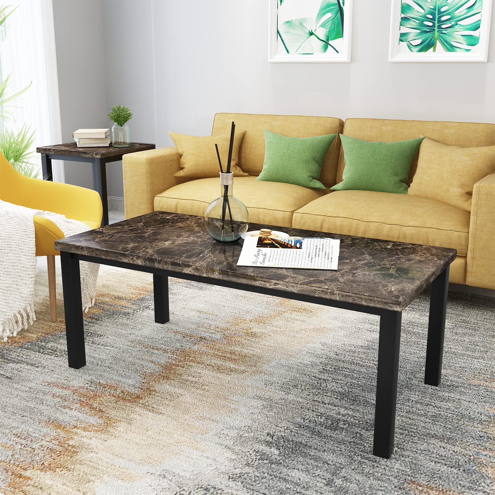 AWQM Faux Marble Coffee Table Set of 3 - Modern Accent Table & 2 End Tables for Living Room with Black Metal Frame & Brown Marble Top - Perfect for Sofa, Lounge & Home Decor