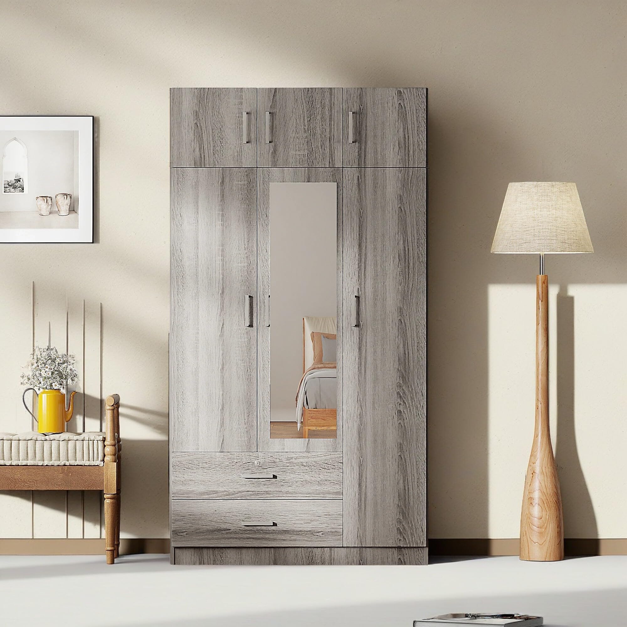 Modern 3-Door Wardrobe with Drawers & Shelves - Freestanding Closet Organizer for Bedroom & Home Storage (Grey)