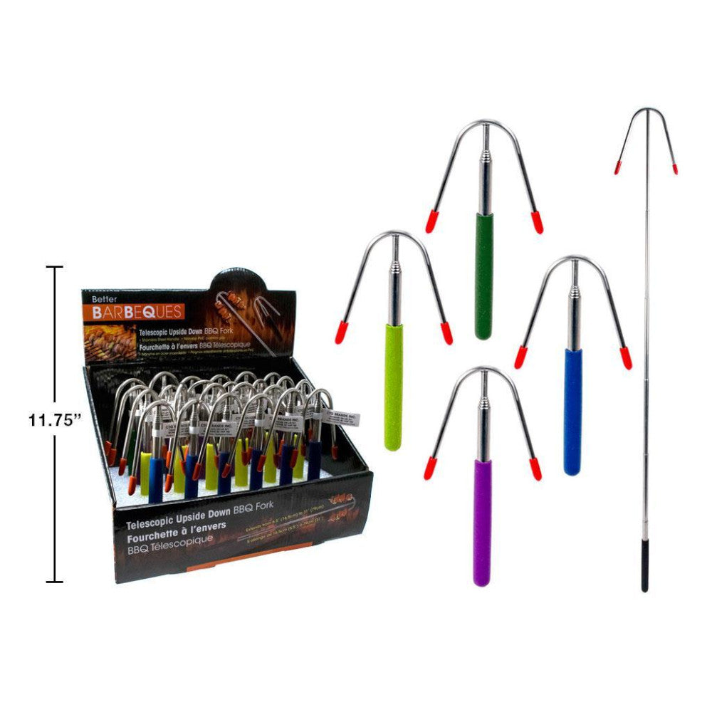 BETTER BARBEQUES 91382 BBQ Telescopic Upside Down Fork - Stainless Steel Grill Tool for Outdoor Cooking, Camping & Backyard BBQ Parties