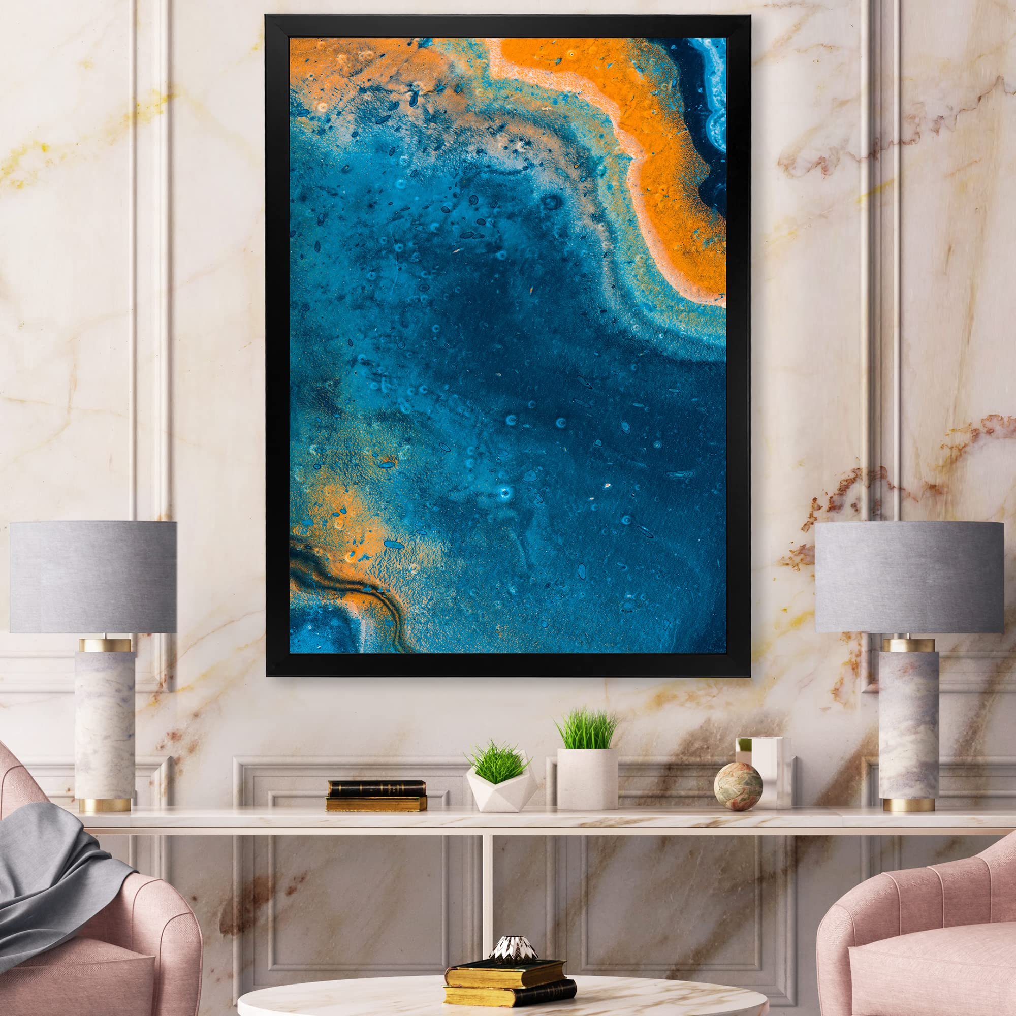 Abstract Marble Composition Wall Art in Blue & Orange - Modern Framed Canvas Painting for Living Room, Bedroom & Office Decor