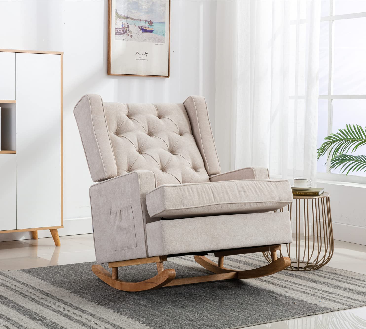 Comfortable Upholstered Rocking Chair for Living Room - Soft Polyester Linen Glider Armchair in Beige - Perfect for Nursery, Bedroom, or Relaxing Reading Corner