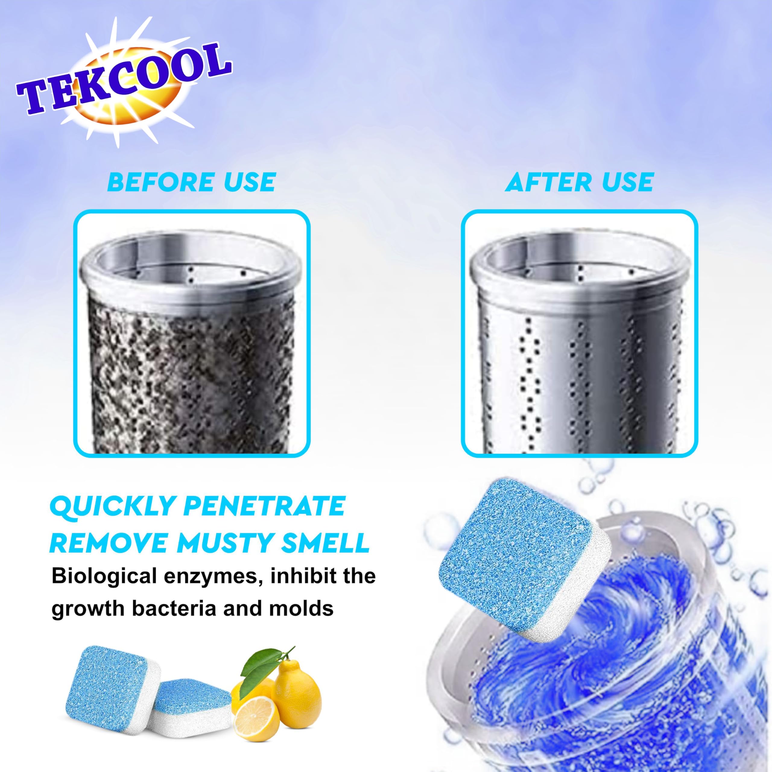 TEKCOOL Washing Machine Cleaner Tablets - 24 Pack Descaling Powder for Front & Top Load Washers, Deep Clean & Deodorize - Refresh Blue | Ideal for Laundry Maintenance & Odor Removal