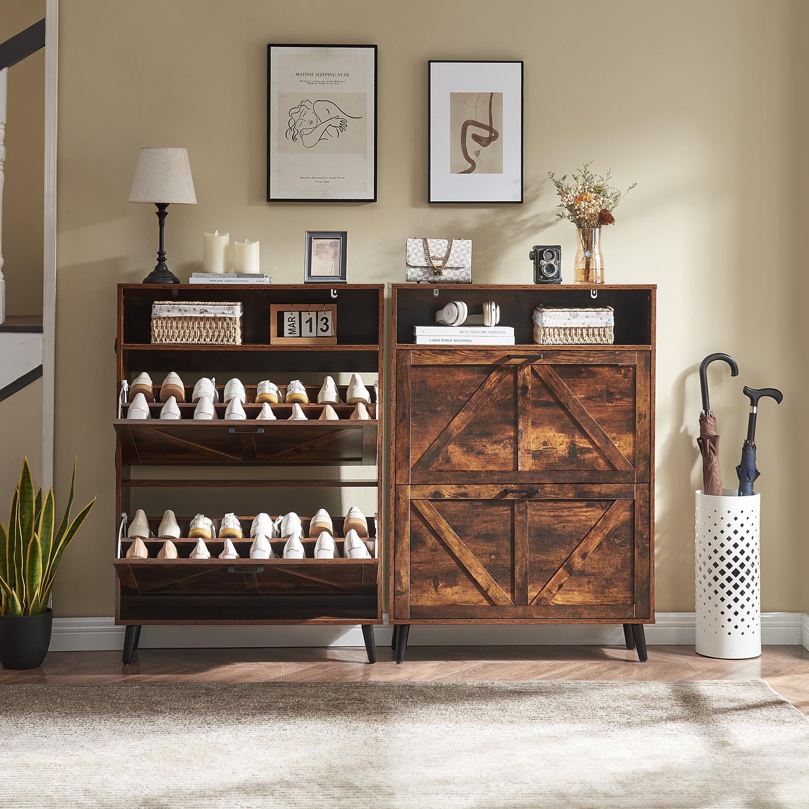 Farmhouse Shoe Storage Cabinet with 2 Flip Drawers - Entryway Shoe Organizer, Slim Freestanding Shoe Rack for 16 Pairs, Narrow Hallway & Living Room Storage Solution - Perfect for Small Spaces, Apartments and Clutter-Free Home Organization
