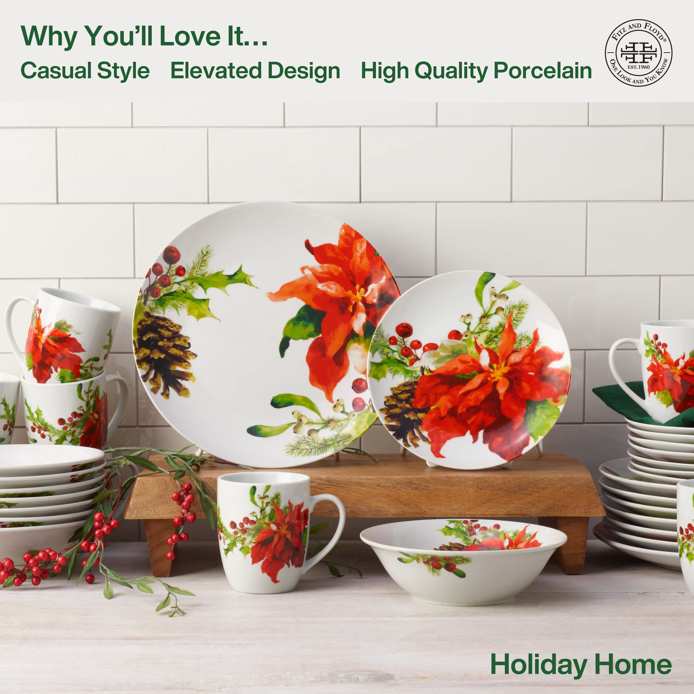 Fitz and Floyd Holiday Home 32-Piece Dinnerware Set - Elegant Porcelain Tableware for Christmas, Thanksgiving & Family Gatherings - Complete Service for 8 with Plates, Bowls & Cups