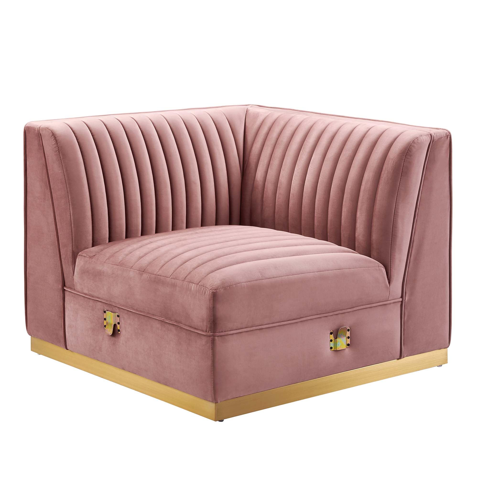 Modway Sanguine Channel Tufted Performance Velvet Modular Sectional Sofa with Ottoman - Left Corner Chaise Lounge in Dusty Rose | Modern Living Room Furniture for Small Spaces & Apartments