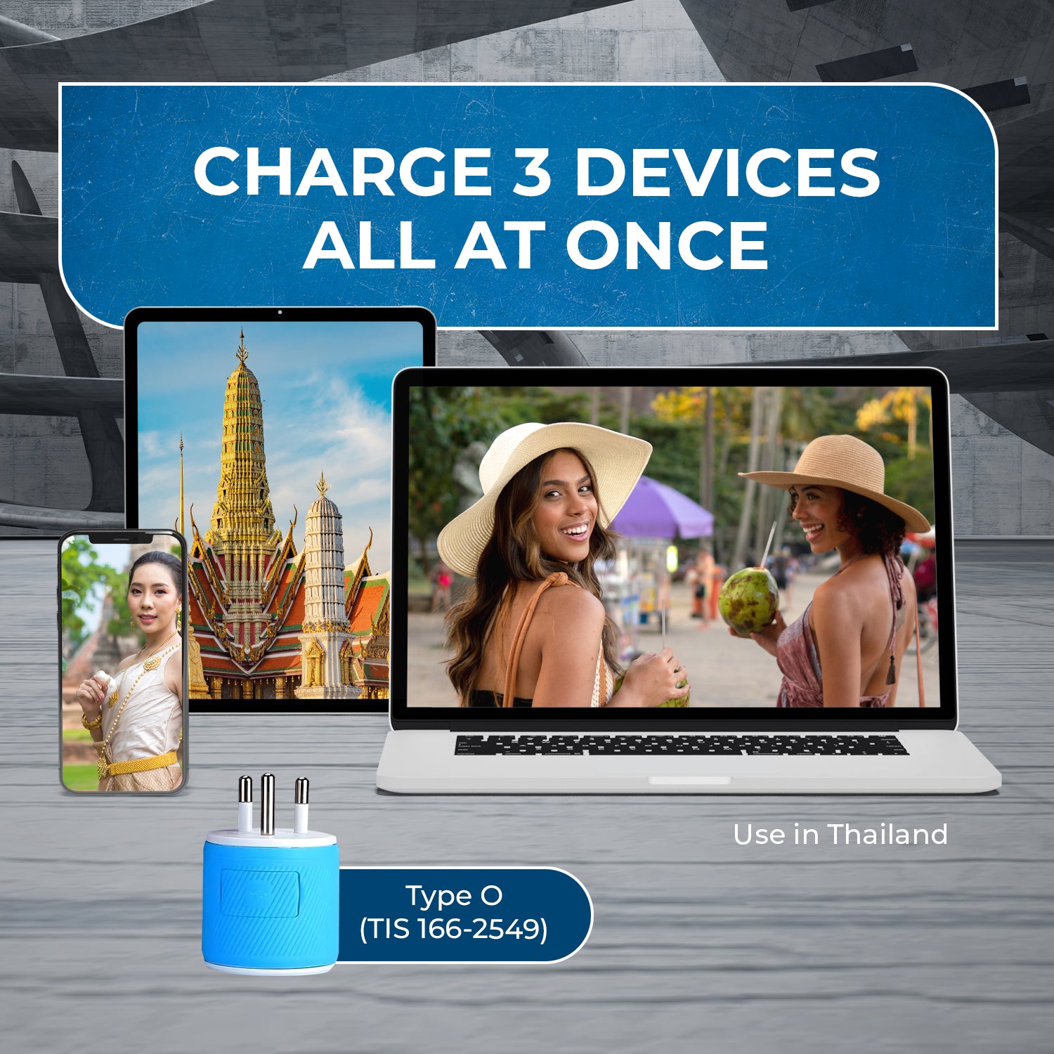 Thailand Travel Adapter - 3 in 1 Universal Plug with 2 USB Ports, Type O Compatible, Compact Design (U2U 18) | Perfect for Thailand, Vietnam, Cambodia Travel | Charge Phones, Tablets & Laptops Anywhere