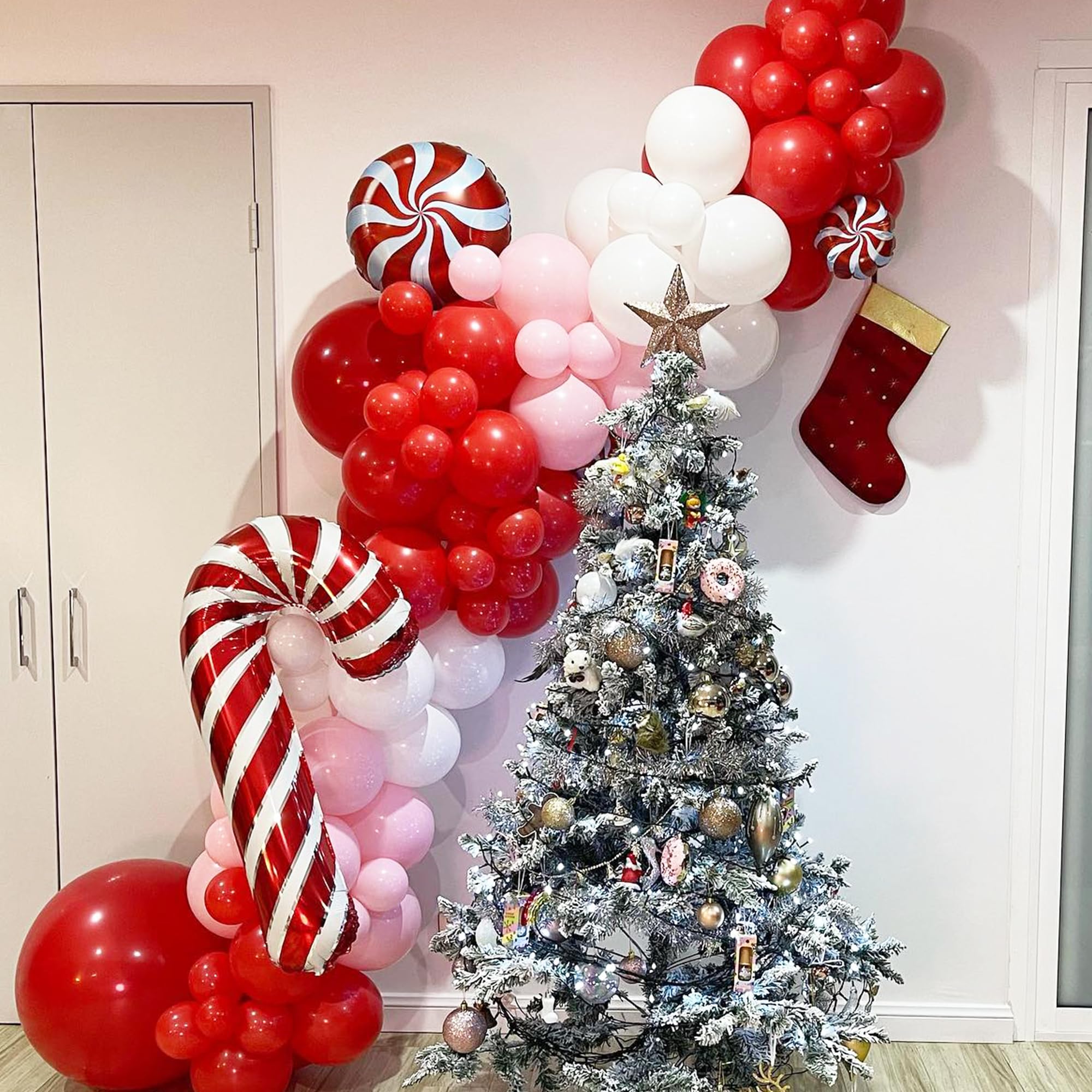 181Pcs Christmas Balloons Garland Kit - White, Silver, Red & Pink Candy Foil Balloons with Star Explosion Balloons for Xmas, Birthday, New Year Party Decorations | Perfect for Holiday Home Decor, Wedding Backdrops & Festive Celebrations