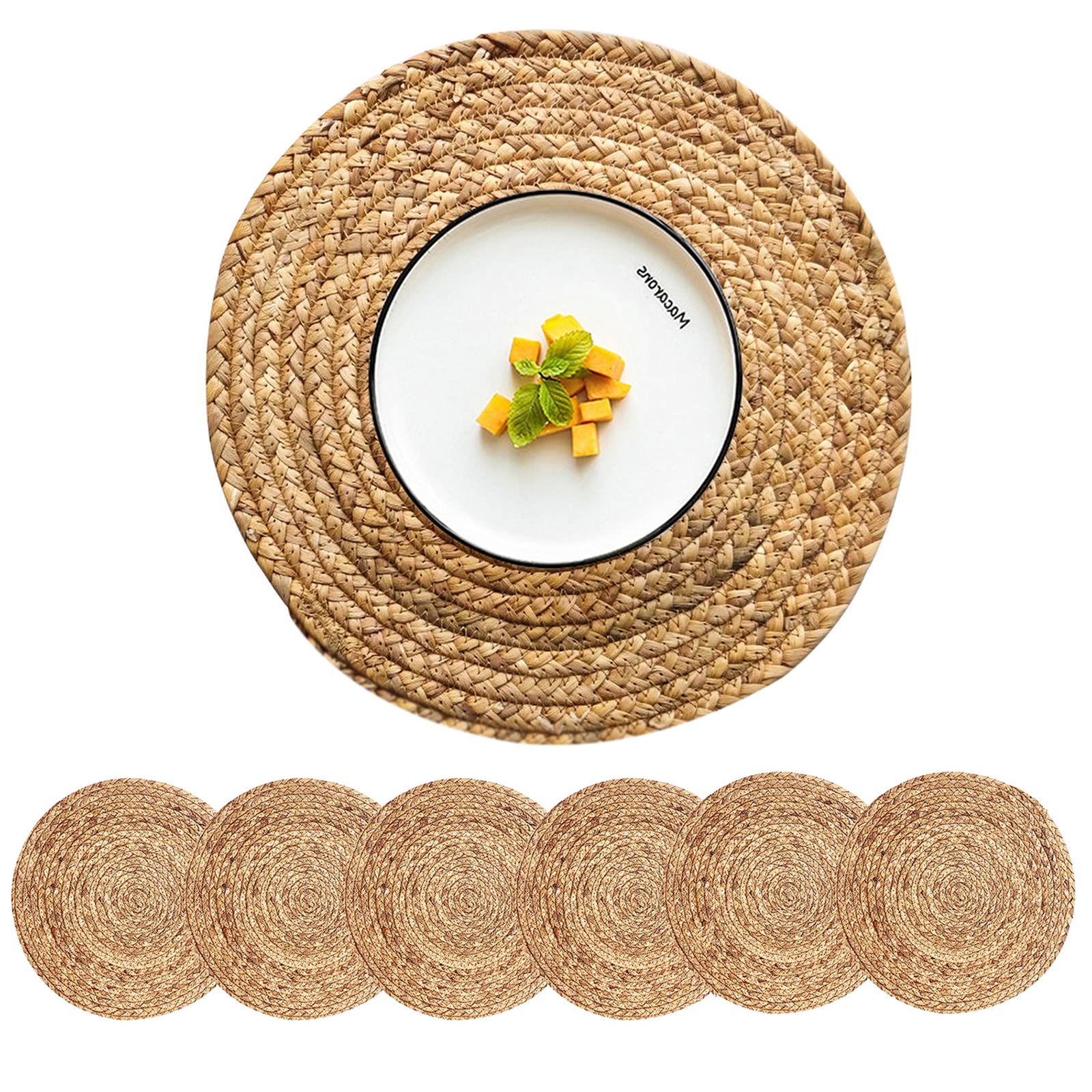 Round Woven Placemats Set of 6 - 13.5 Inch Natural Rattan Water Hyacinth Placemats for Dining Table Decor | Farmhouse Boho Braided Wicker Mats for Indoor & Outdoor Use - Perfect for Dinner Parties, Picnics, and Home Decor