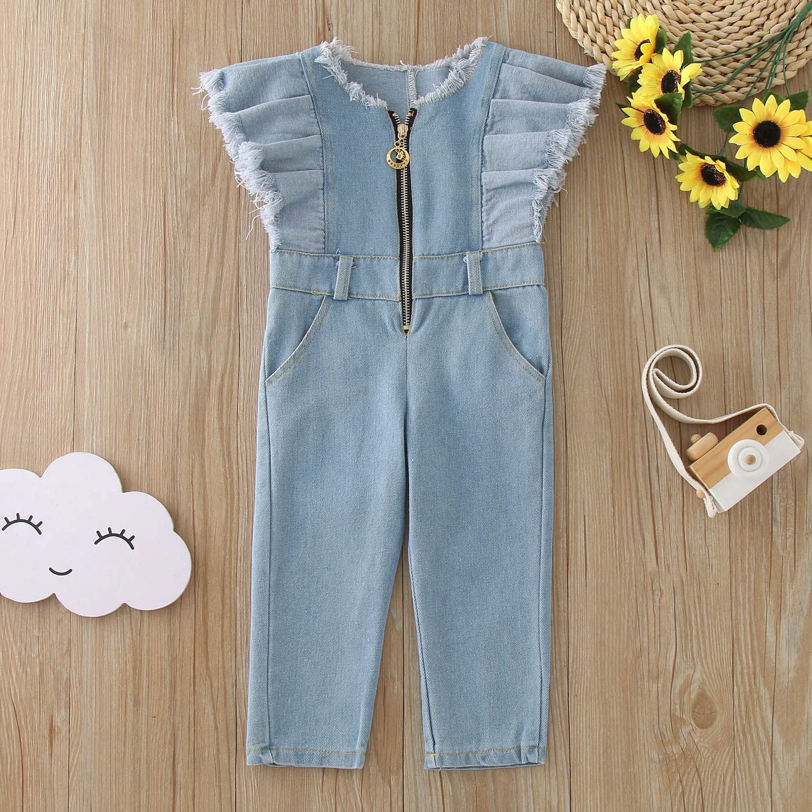 Girls' Denim Jumpsuit with Flying Sleeves - Summer Toddler Romper in Solid Blue | Zipper Front Outwear for 3-4 Years | Perfect for Playdates, Park Outings & Casual Wear