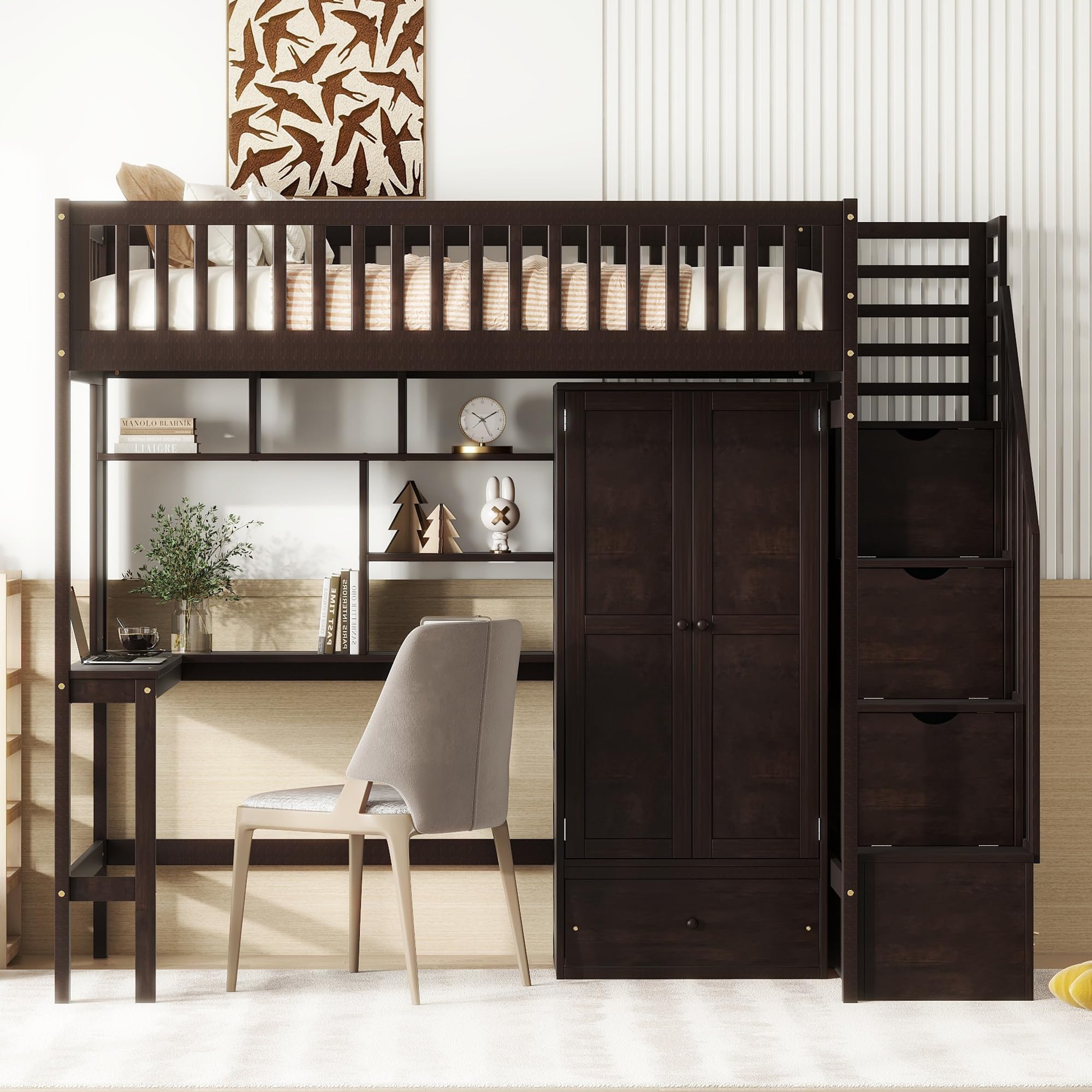 Espresso Twin Loft Bed with Staircase, Desk & Wardrobe - Wooden Storage Loft Bed with Safety Guardrail for Kids, Teens - Space-Saving Study & Sleep Solution for Small Bedrooms