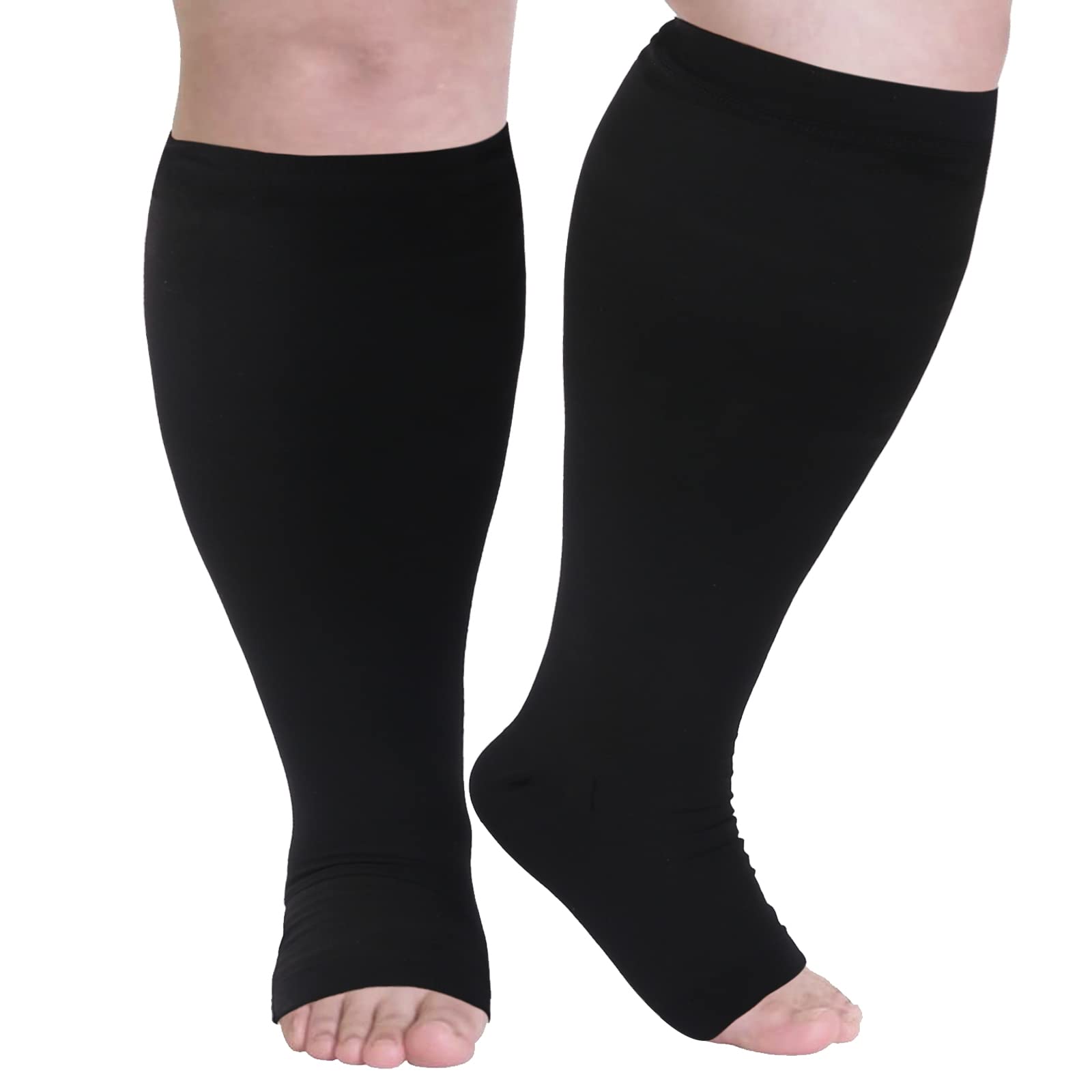 **Toeless Compression Socks for Women & Men - Wide Calf Open Toe Support Socks 20-30 mmHg - Plus Size 7XL - Knee High Medical Pro Black - Improve Circulation & Reduce Swelling - Perfect for Travel, Running & Recovery**