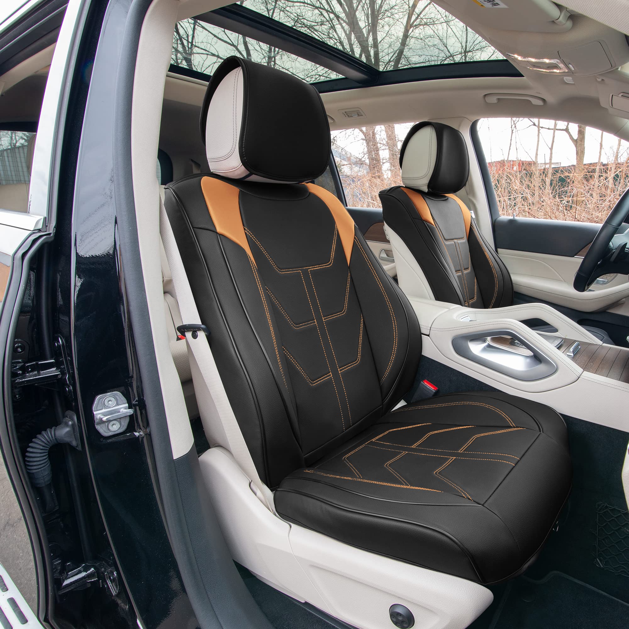 TLH Bionic70 Deluxe Faux Leather Brown Car Seat Covers - 2-Pack Universal Fit Front Seat Covers for Cars, Trucks & SUVs | Waterproof, Durable & Comfortable Seat Protectors with Contrast Stitching | Perfect for Daily Commute, Road Trips & Pet Protection