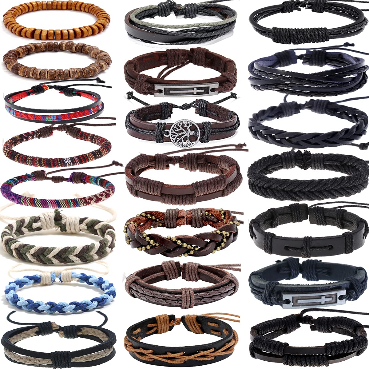 WAINIS 22 Pcs Braided Leather Bracelets for Men & Women - Adjustable Woven Cuff Wrap Bracelet with Wood Beads - Boho Tribal Ethnic Style - Perfect for Casual Wear, Festivals & Gifts
