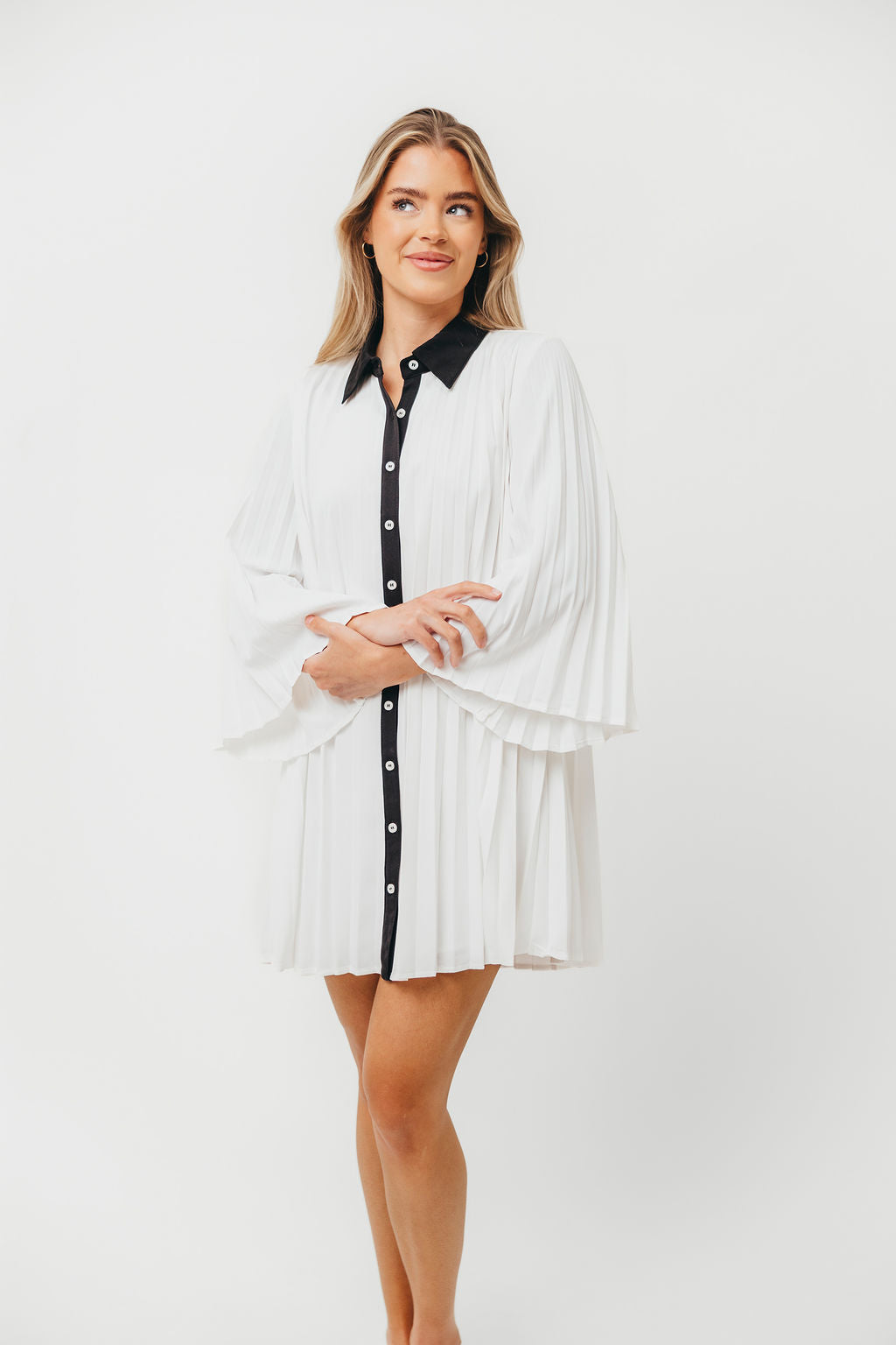 Monique Pleated Shirt Dress for Women - Ivory & Black Flowy Midi Dress with Belt | Office Wear, Spring Outfits, Casual Chic Style