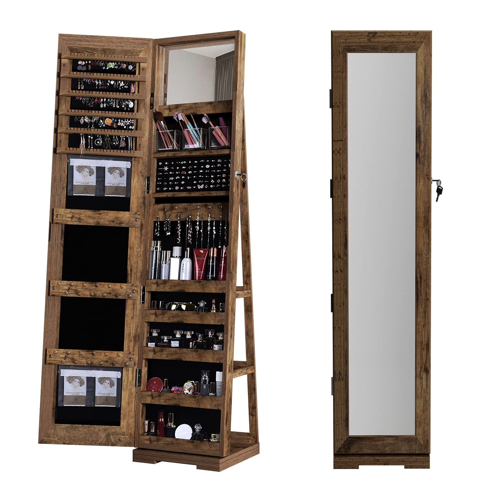 DLandHome Rustic Brown Jewelry Armoire with Full-Length Mirror - Lockable Jewelry Organizer Cabinet with Rear Storage Shelves | Perfect for Bedroom, Closet & Dressing Room Organization