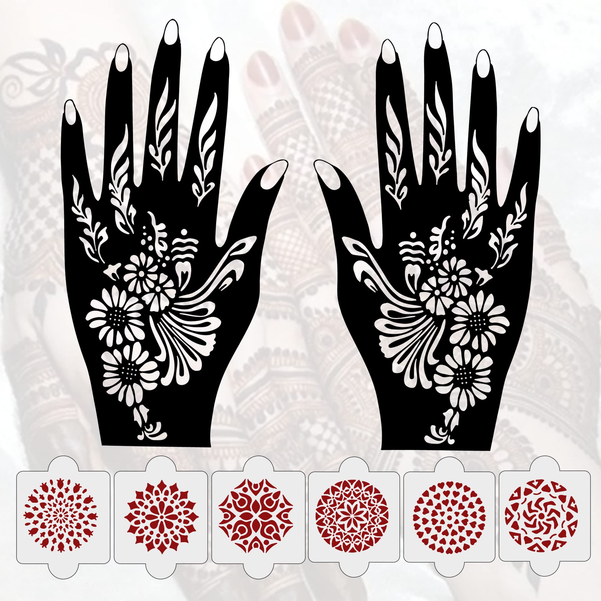 8-Piece Henna Tattoo Stencil Kit - 2 Henna Stencils + 6 Reusable PVC Laser-Cut Templates for Women, Girls & Kids | Easy Application Mehandi Stickers for Hands & Feet | Perfect for Weddings, Festivals & DIY Body Art (NIV-021)