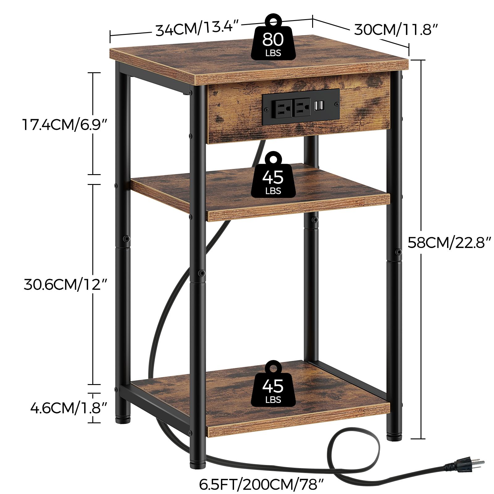 Rolanstar Small End Table with USB Charging Station & 3 Storage Shelves - Narrow Nightstand for Bedroom, Living Room - Rustic Brown Side Table Perfect for Small Spaces | Ideal for Charging Devices & Organizing Essentials