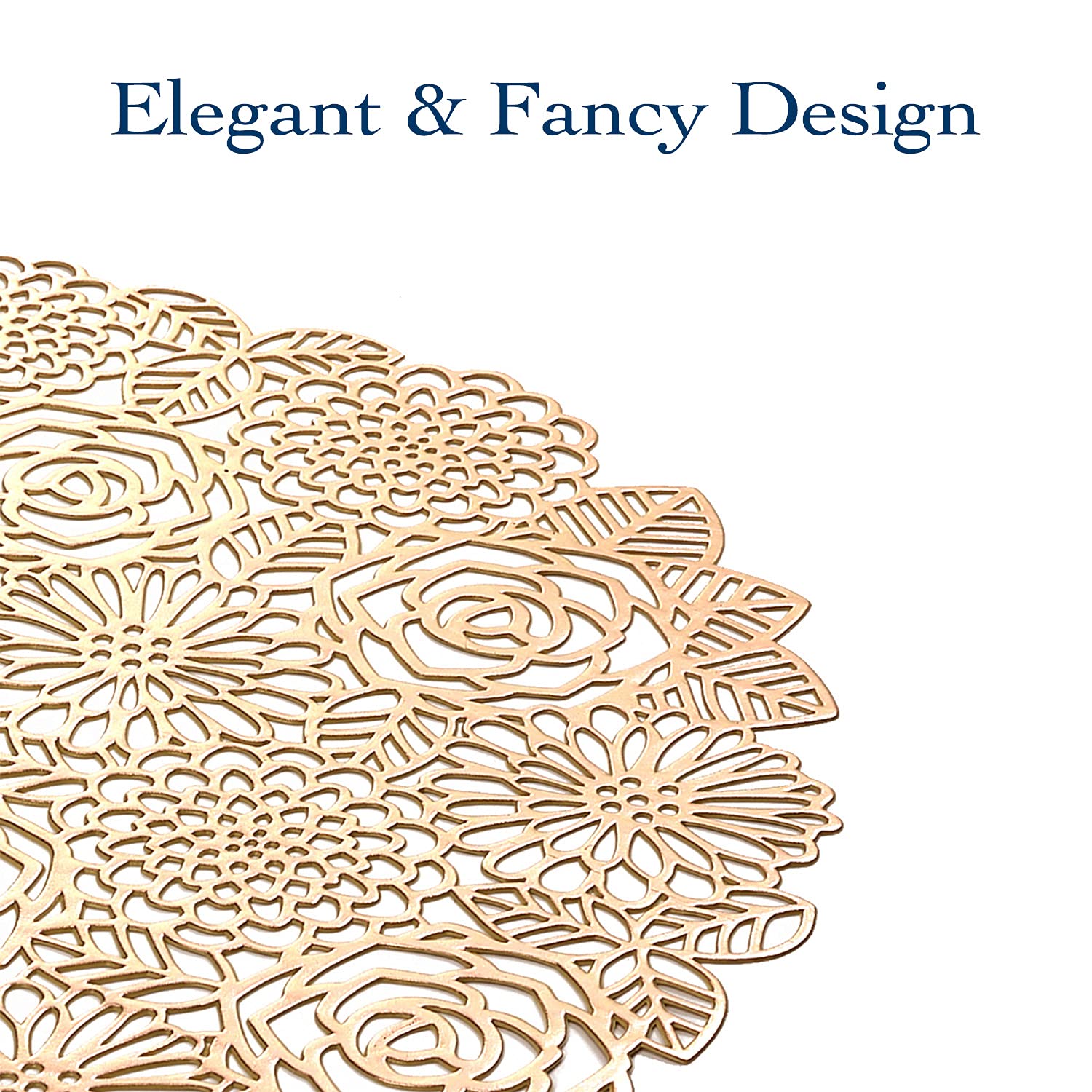 VUDECO Elegant Gold Round Placemats Set of 6 - Premium Vinyl Table Mats for Dining Decor, Fall & Holiday Dinner Parties, Indoor Table Setting - Waterproof & Easy to Clean Charger Plates