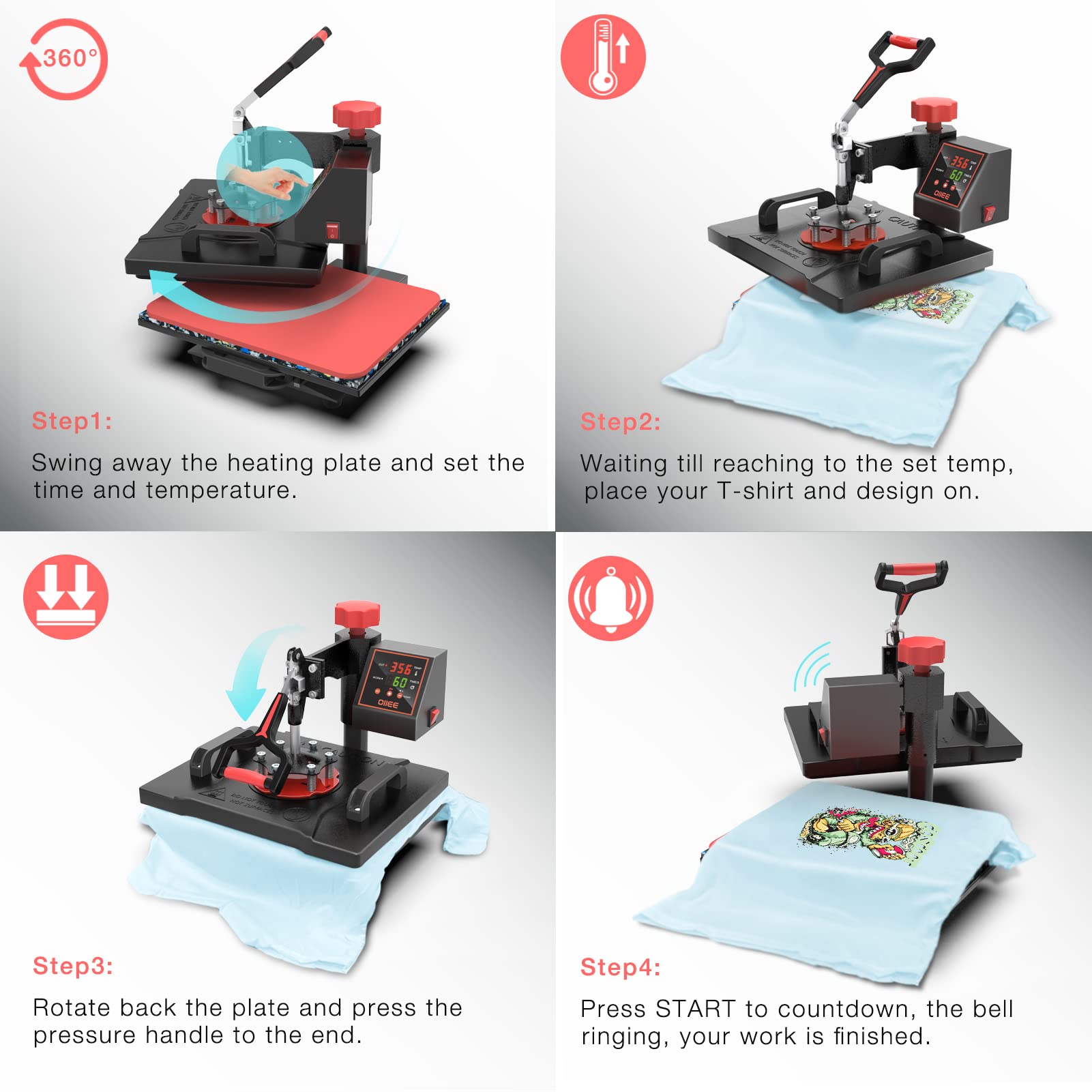 OIIEE 5-in-1 Heat Press Machine Combo - 12x15 Inch Digital T-Shirt Printer with 360° Swing Away, Sublimation Heat Transfer for Shirts, Mugs, Hats & Plates | Perfect for DIY Custom Apparel, Personalized Gifts & Small Business Printing