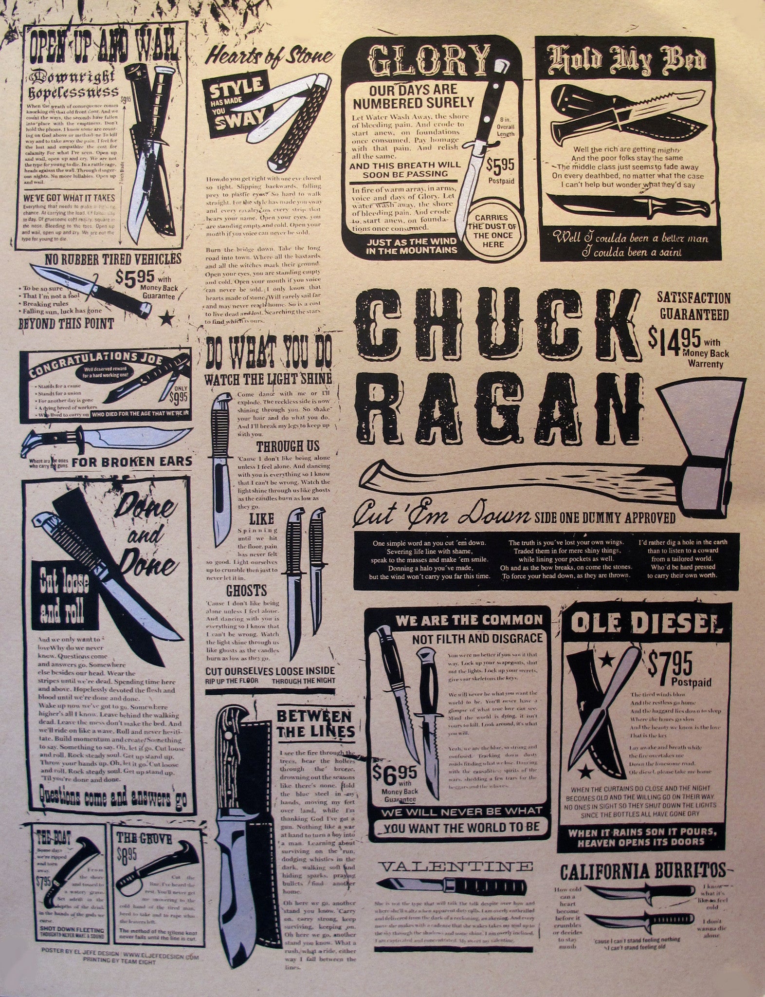 2010 American El Jefe Music Poster - Chuck Ragan Knives Design - Vintage Band Wall Art for Home, Office & Music Room Decor
