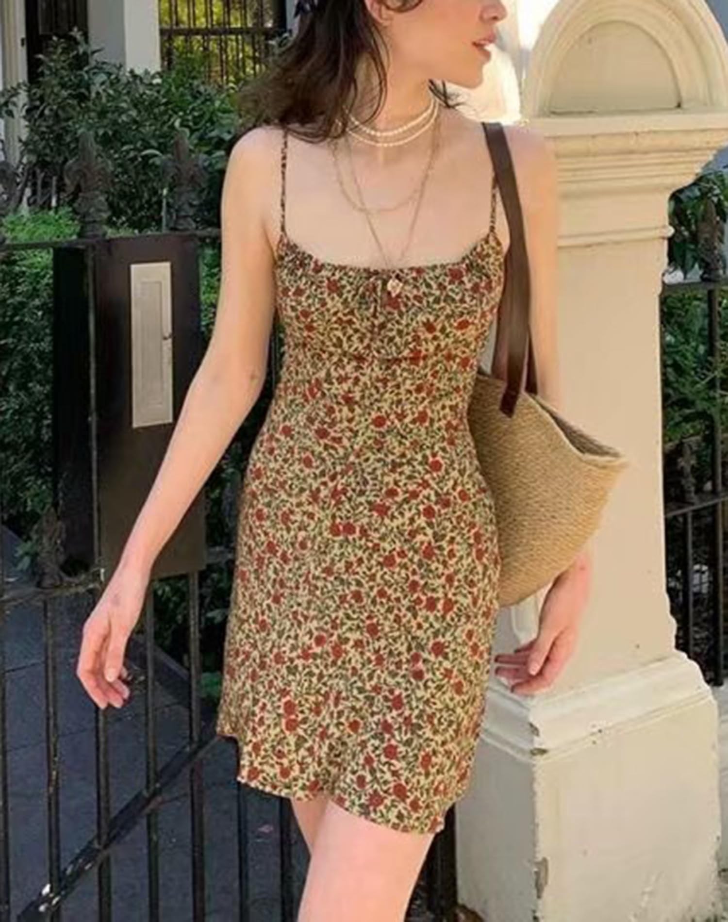 Lucrosun Women's Floral Print Bodycon Dress - Spaghetti Strap Square Neck Low-Cut Summer Dress for Party, Beach, Date Night & Casual Wear