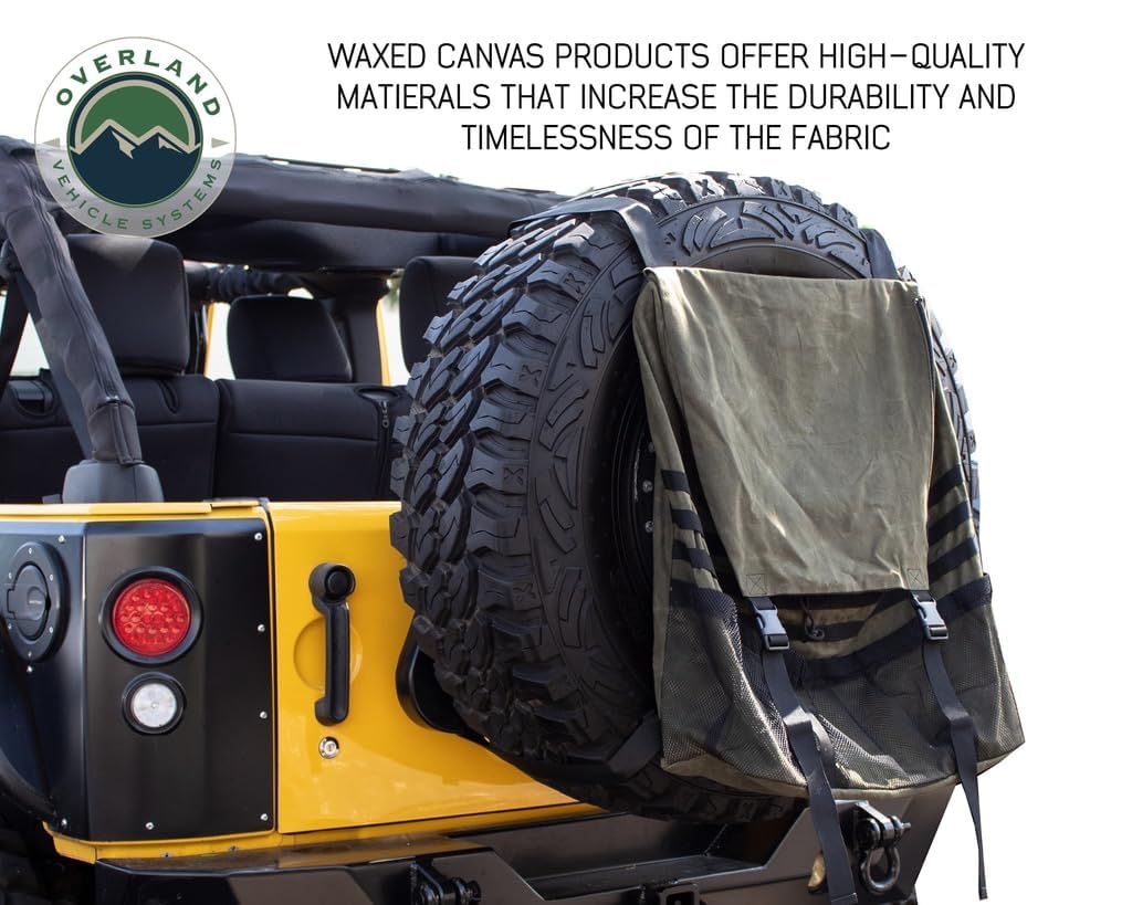 Overland Vehicle Systems Extra Large 30 Gallon Trash Bag Tire Mount - Universal Waterproof Waxed Canvas Trash Bag Holder with Drainage Holes for Off-Road, Camping & Overlanding Adventures - Durable Paraffin Wax Infused Design
