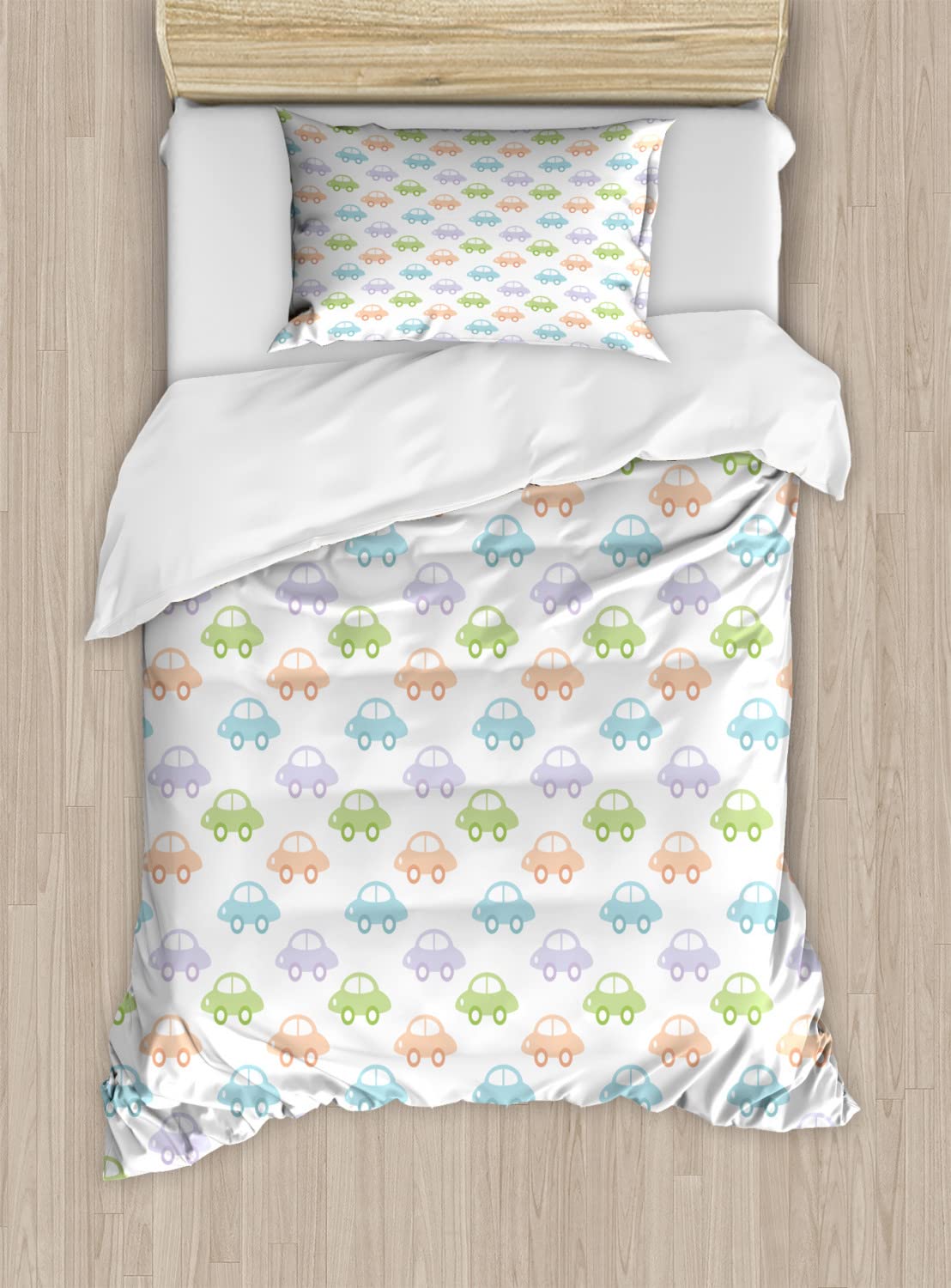 Ambesonne Cars Duvet Cover Set King Size 2-Piece - Cartoon Automobile Design in Pastel Green Lilac Blue, Soft Bedding Set with 2 Pillowcases for Boys Room, Kids Bedroom Decor, Teen Gift Idea
