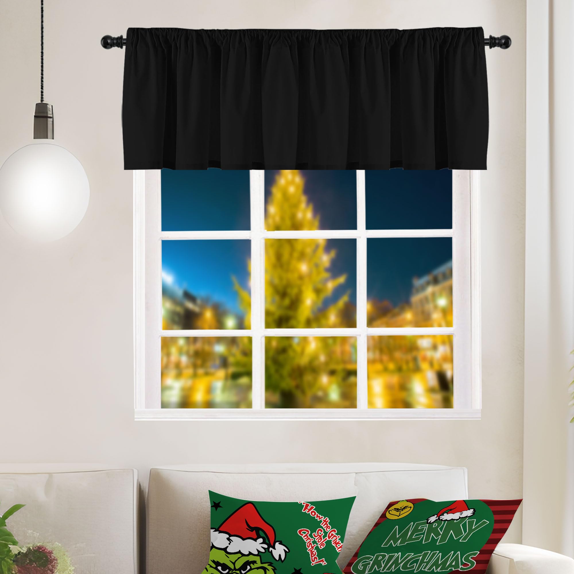 2 Panels Black Christmas Window Valances - 52x18 Inch Kitchen Short Curtains with Rod Pocket for Bathroom & Laundry Room Decor - Holiday Home Decoration for Windows, Doors and Festive Parties