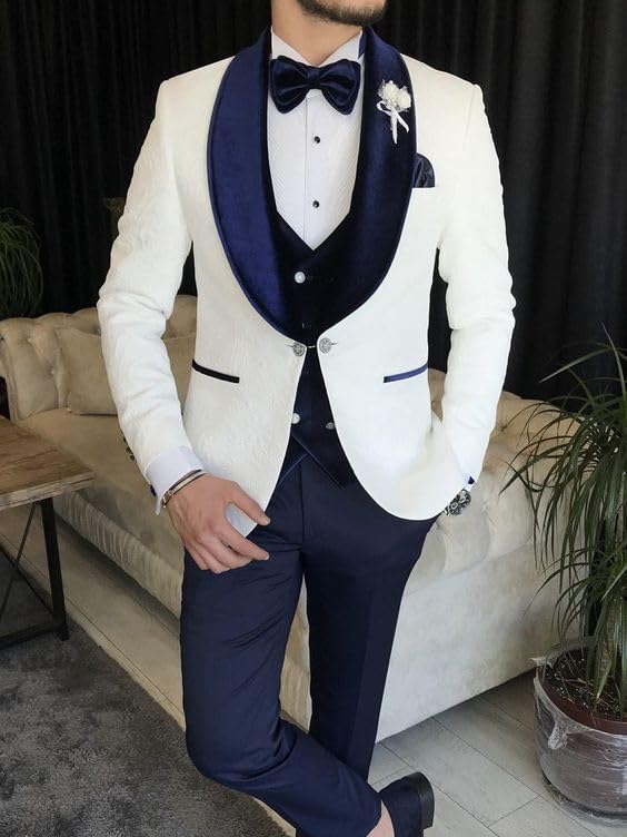 3 Piece Floral Tuxedo Suit for Men - Slim Fit Wedding Suit with Jacket, Vest & Pants - Perfect for Weddings, Proms, and Formal Events