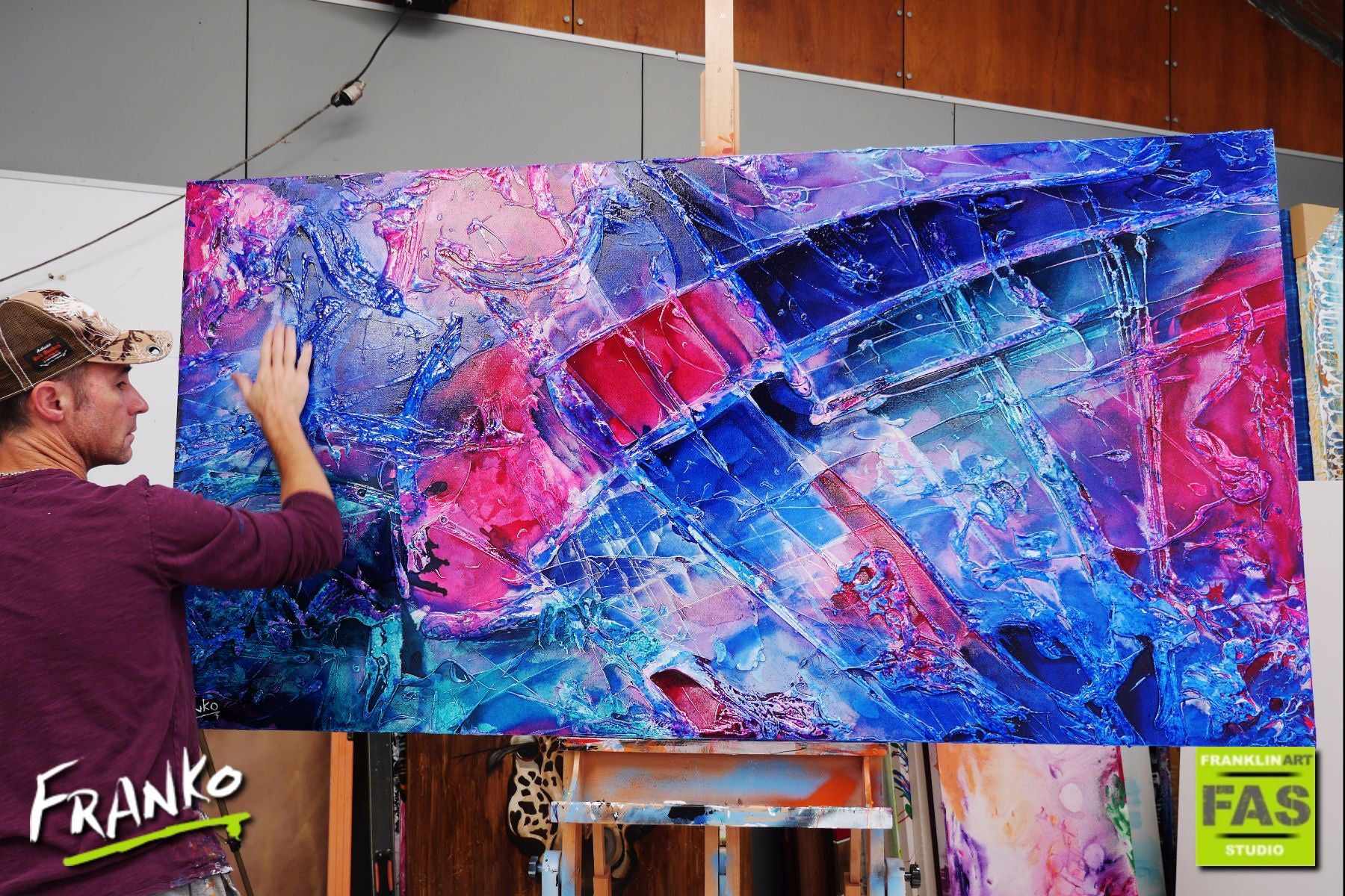 Infused Ink Romance - 190cm x 100cm Blue Pink Purple Abstract Canvas Art Painting - Modern Home Decor for Living Room, Bedroom & Office Wall