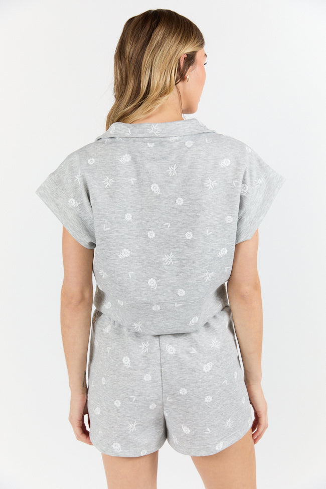 What A Catch Grey Floral Embroidered Half Zip Top - Women's Casual Pullover Sweatshirt for Spring & Fall | Perfect for Outfits, Dates & Outdoor Activities