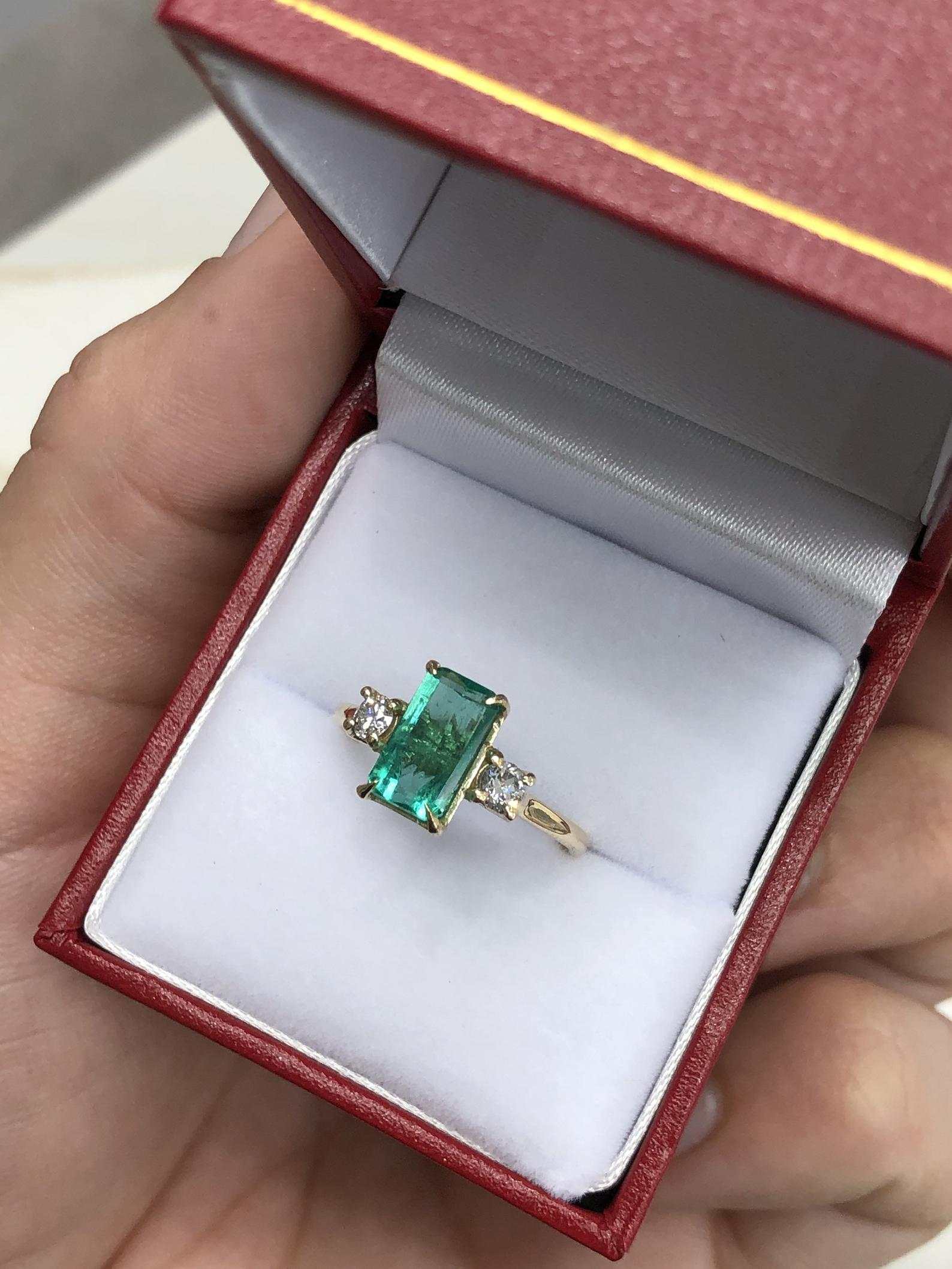 2.05tcw Three Stone Claw Prong Emerald Cut & Round Diamond Ring in 14K Gold - Perfect for Engagement, Anniversary & Special Occasions