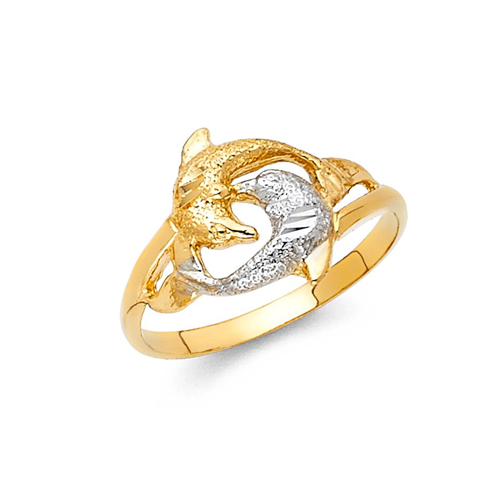 14K White & Yellow Gold Two-Tone Dolphin Ring for Women - Elegant Fashion Jewelry Gift for Anniversary, Birthday & Special Occasions