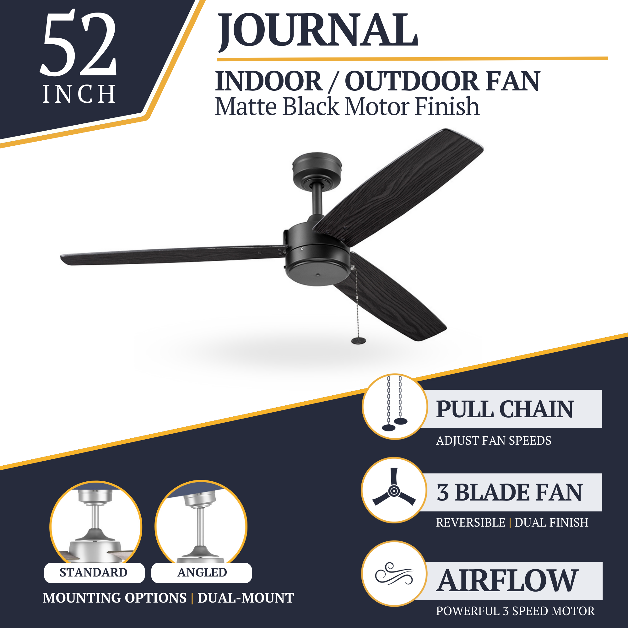 52 Inch Matte Black Ceiling Fan with Pull Chain - Indoor/Outdoor Use for Living Room, Bedroom, Patio & Covered Porch