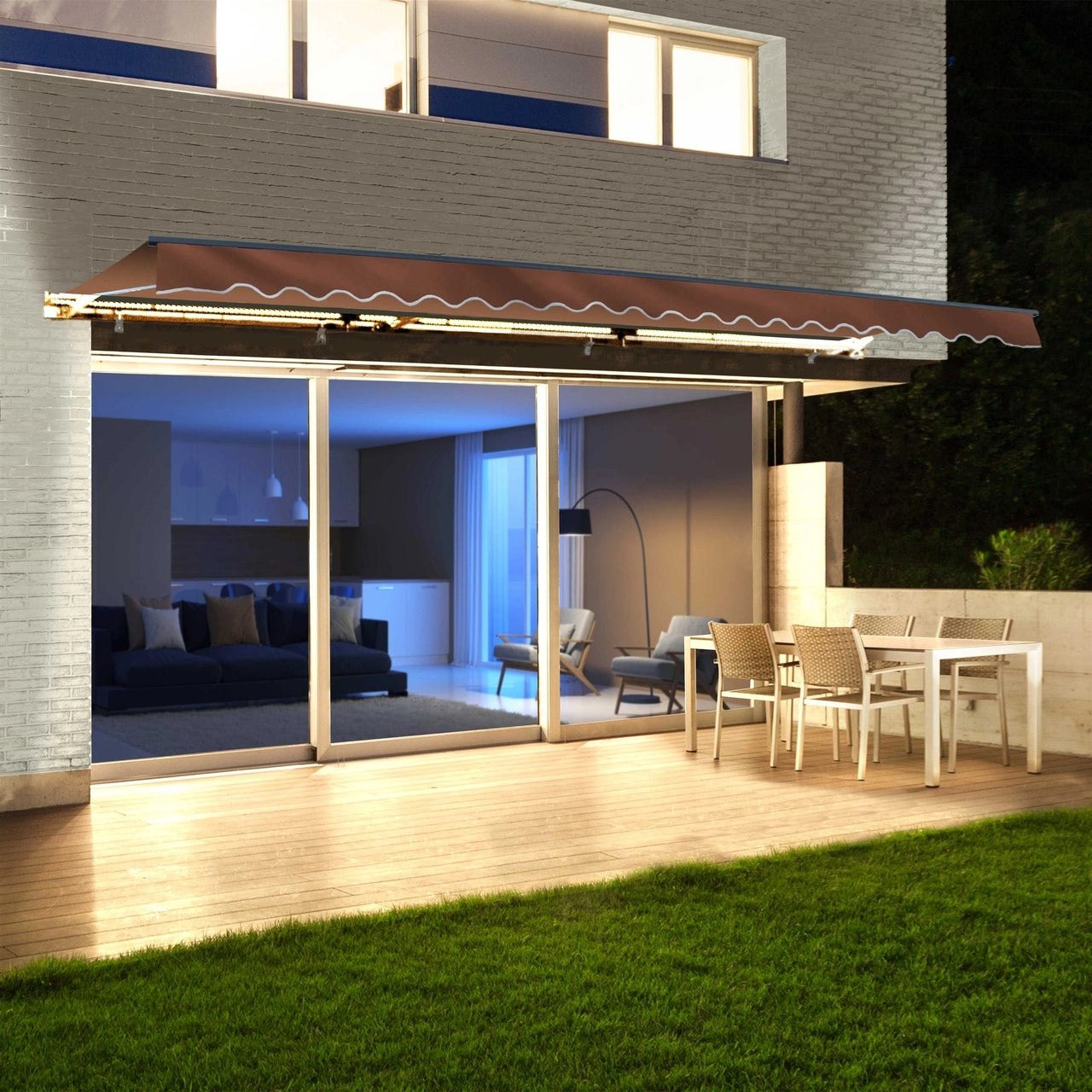 ALEKO 10x8 Feet Half Cassette Motorized Retractable LED Patio Awning - Brown Luxury Outdoor Shade for Deck, Garden & Backyard Relaxation
