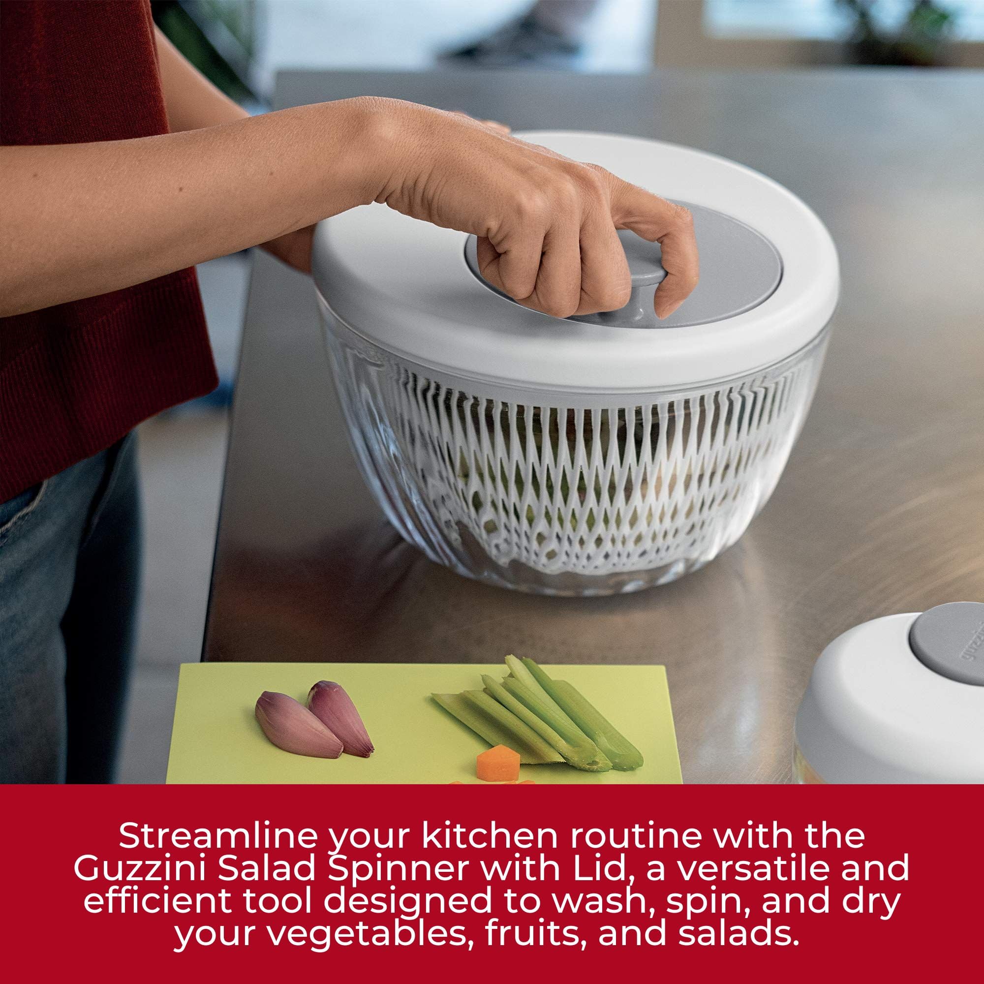 Guzzini 10-Inch Salad Spinner with Lid - Lichen Green | Wash, Spin & Dry Vegetables, Fruits, Greens | Built-In Draining Basket | Kitchen Gadget for Healthy Meal Prep & Fresh Salads | Perfect for Home Cooks & Meal Prep Enthusiasts