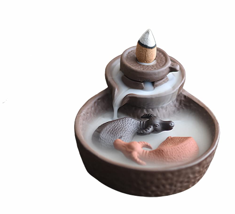 Ceramic Backflow Incense Burner - Waterfall Smoke Aromatherapy Diffuser for Home, Meditation & Yoga | Niuxiang Qiankun Zisha Clay Buddhist Decor, Relaxing Scented Flowing Water Effect