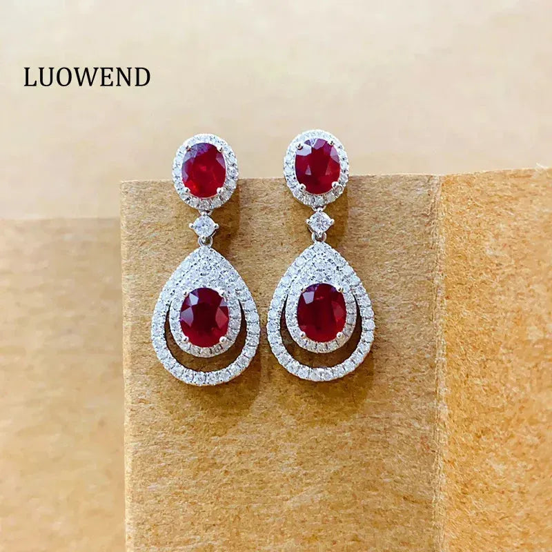 18K White Gold Diamond & Ruby Drop Earrings for Women | Luxury Elegant Dangle Earrings | Perfect for Senior Banquets, Weddings & Formal Events