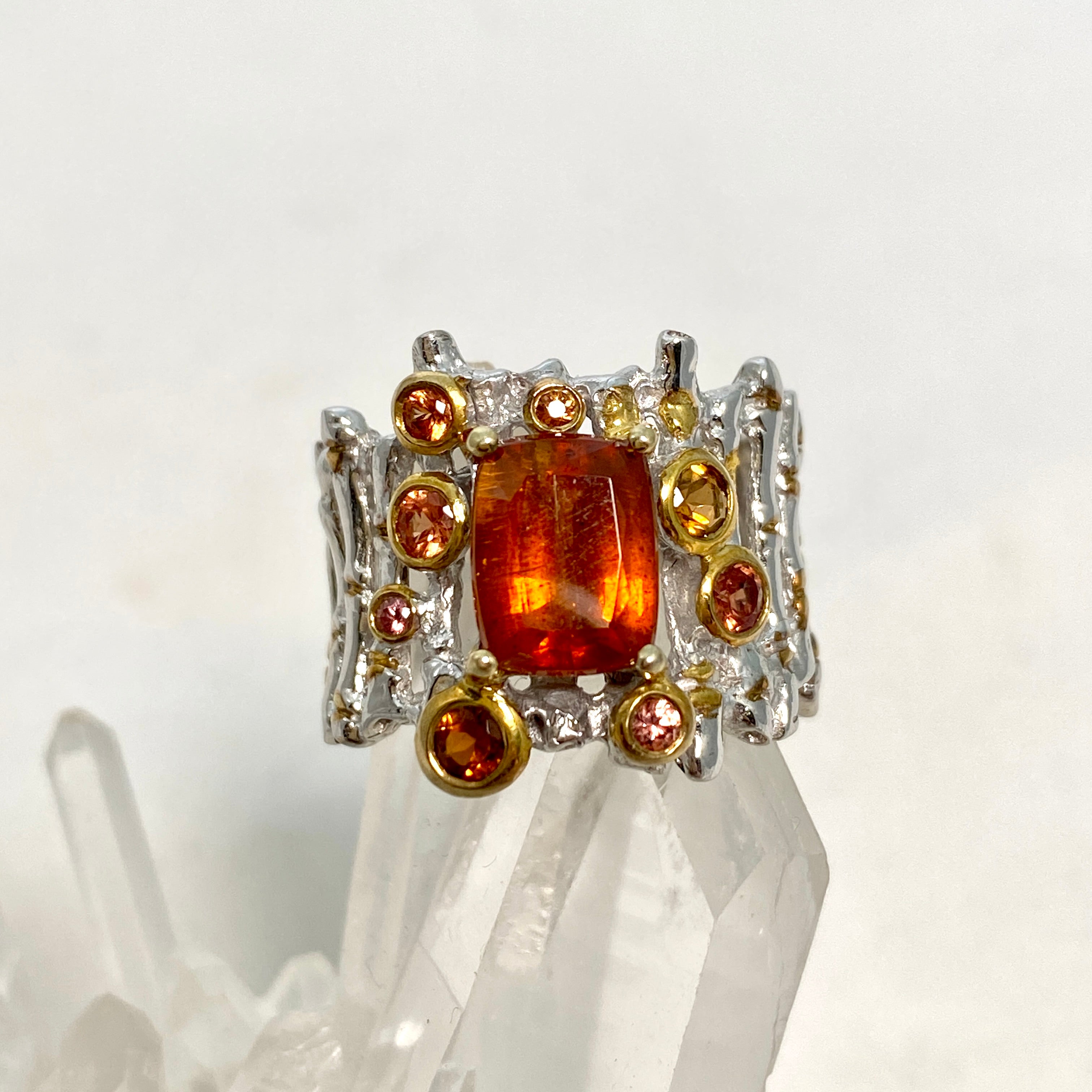 Orange Kyanite Cushion Cut Ring with Tourmaline & Sapphire - Size 8 - Designer Jewelry for Women | Perfect for Weddings, Anniversaries & Special Occasions