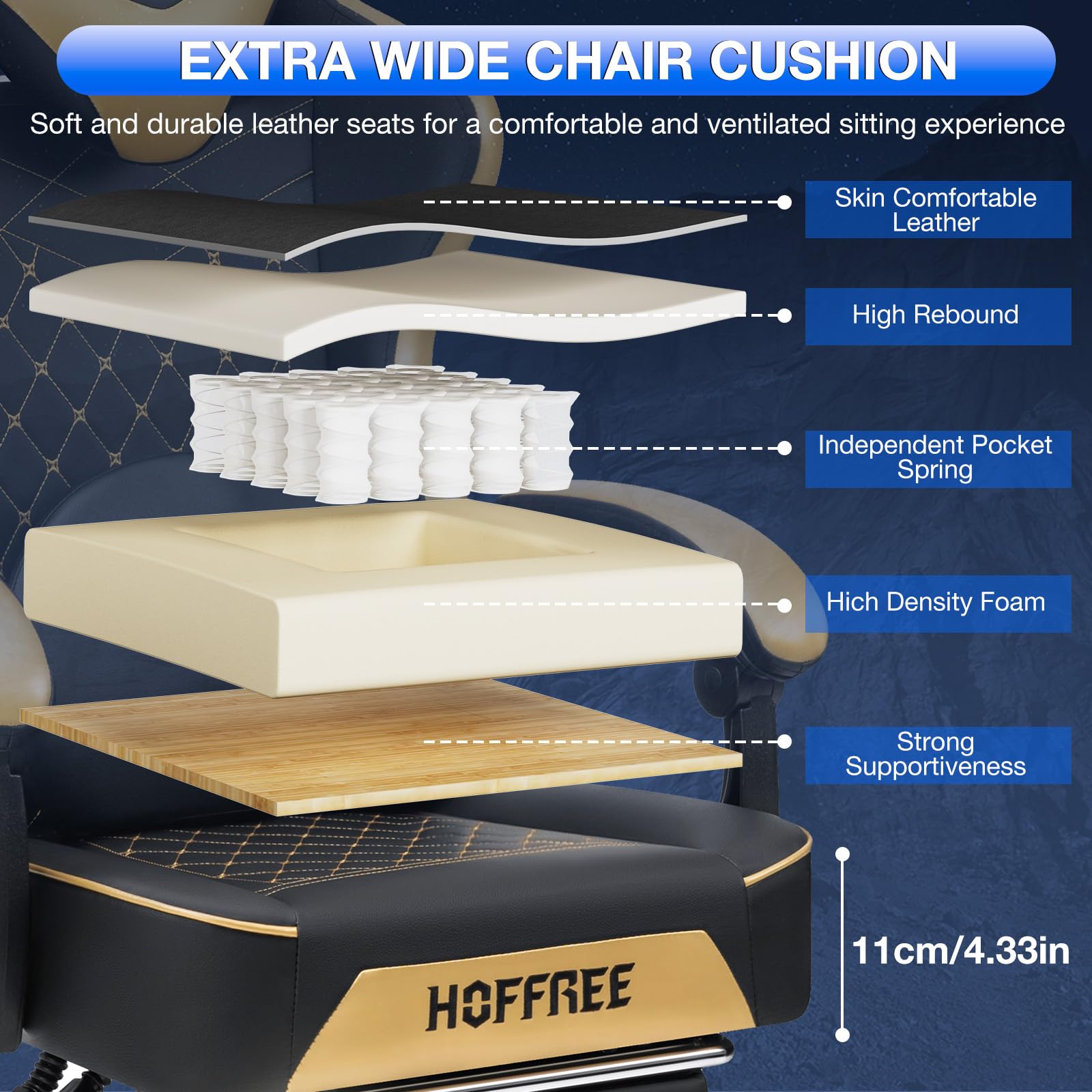 HOFFREE Ergonomic Gaming Chair with Bluetooth Speakers, Massage & Footrest - High Back Reclining Computer Chair for Adults, Gold and Black - Perfect for PC Gaming, Office Work & Home Entertainment