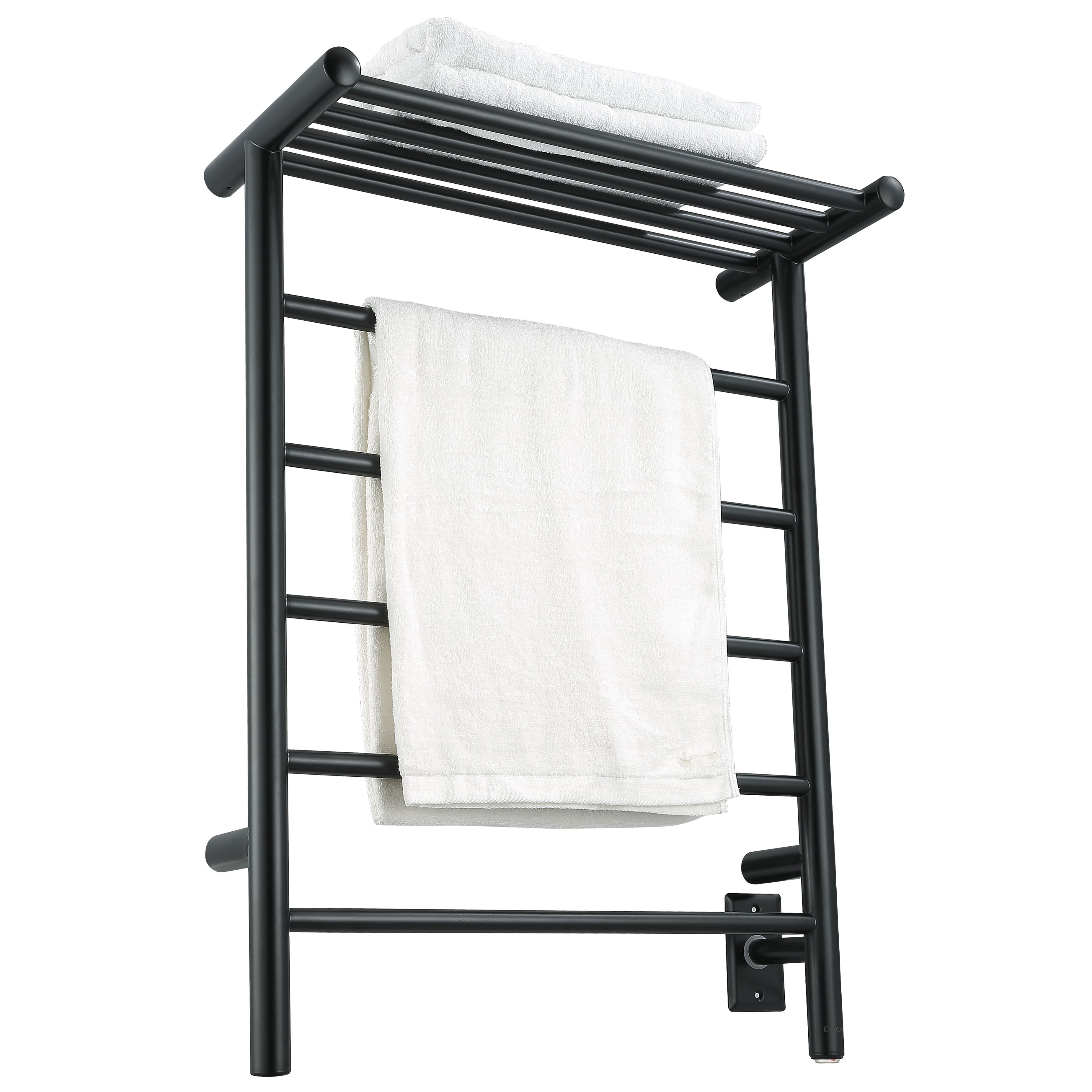 Miazzo 5-Bar Electric Wall Mount Towel Warmer with Shelf - Plug In or Hardwire Installation - Matte Black Finish - Perfect for Bathrooms, Spas & Luxury Home Decor