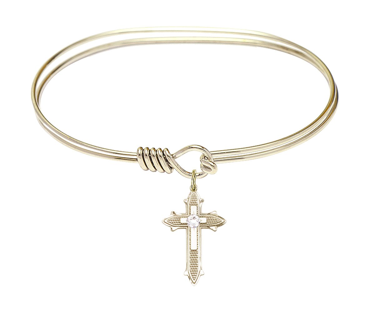 7 Inch Oval Eye Hook Bangle Bracelet with Cross Charm & April Birthstone Crystal - Elegant Religious Jewelry for Women, Perfect for Church, Weddings & Everyday Wear